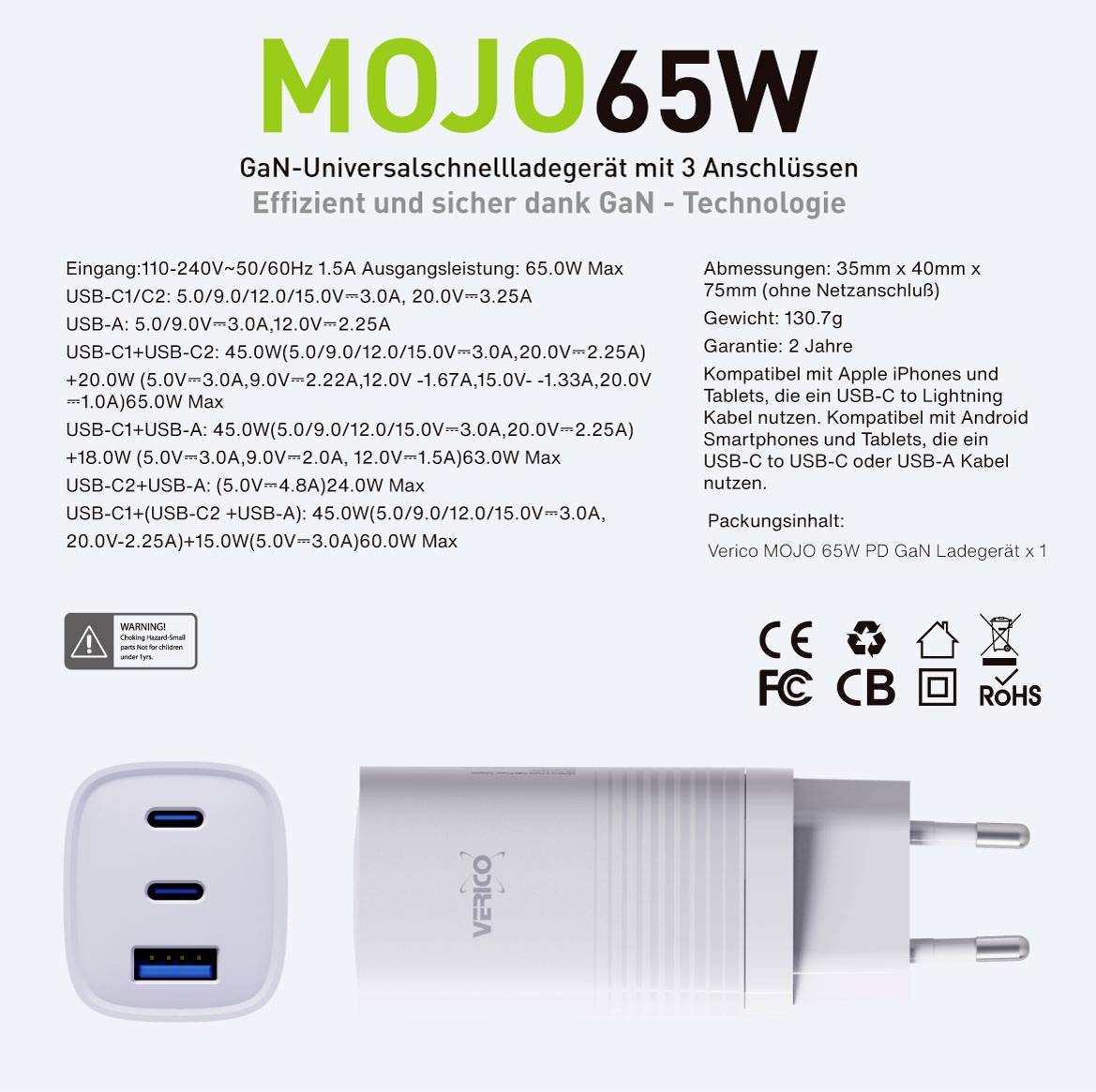 Verico Mojo 65W GaN 3 Chargeur USB 65 W 1x USB-A, 2x USB-C® Power Delivery blanc intérieure