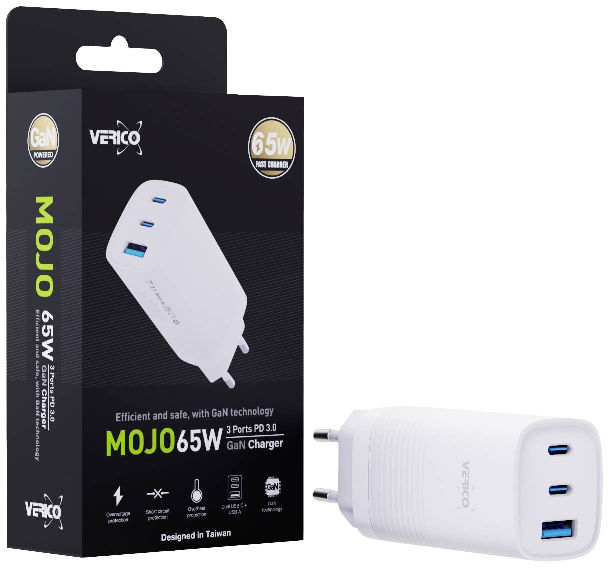 Verico Mojo 65W GaN 3 Chargeur USB 65 W 1x USB-A, 2x USB-C® Power Delivery blanc intérieure