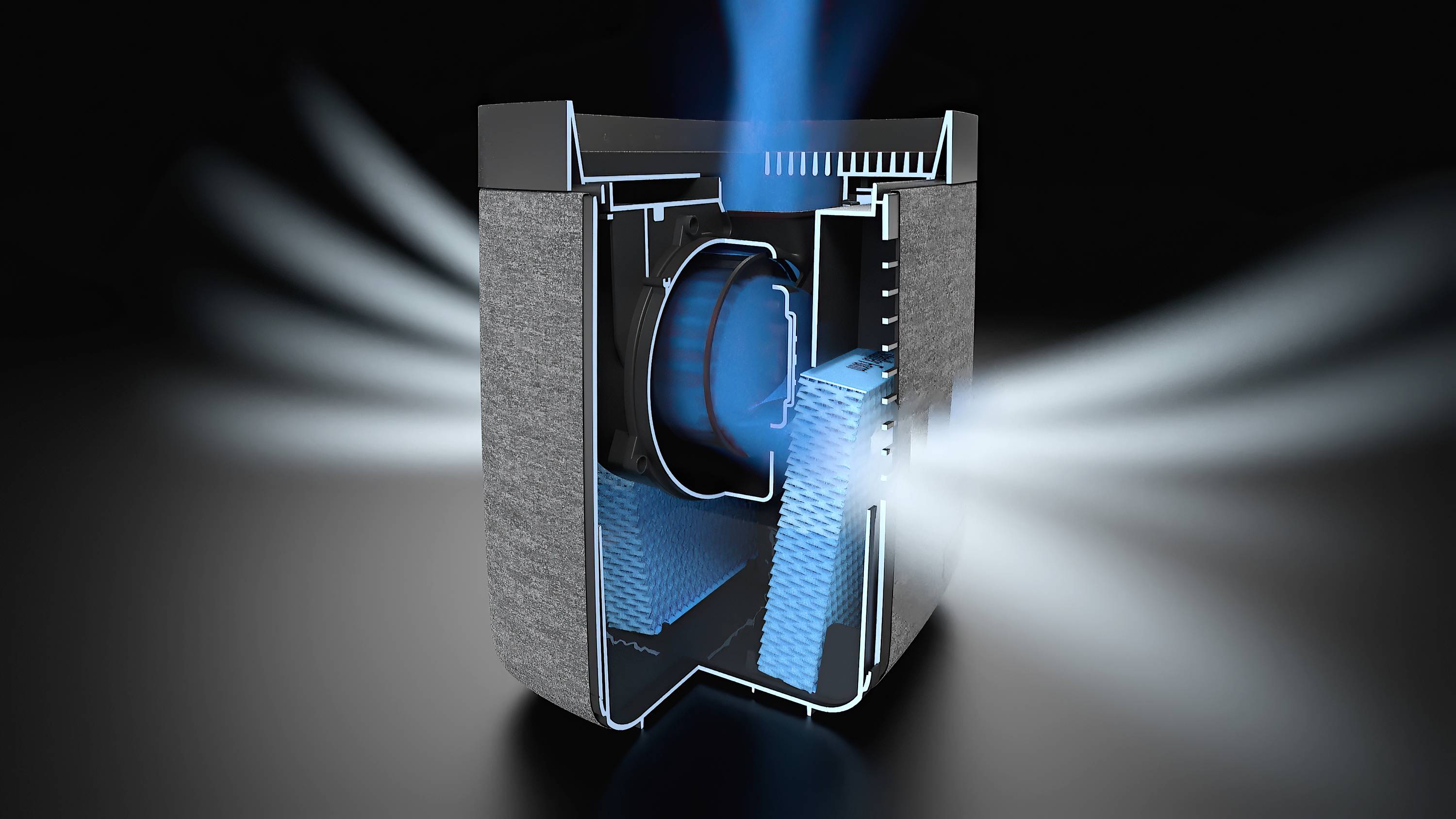 Un purificateur d'air en coupe transversale montre un filtre à travers lequel l'air circule. Des lignes bleues illustrent le flux d'air dans l'appareil.