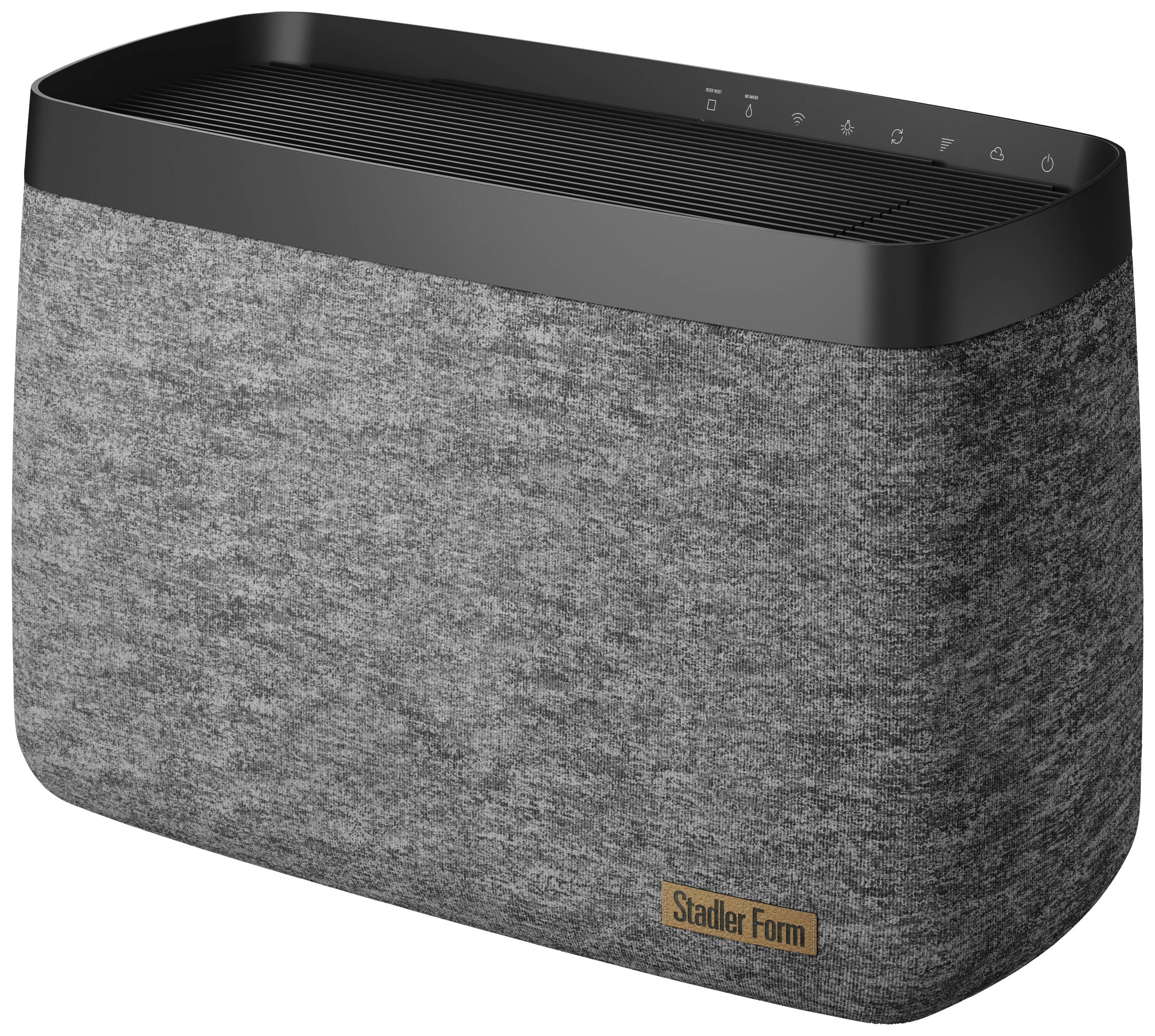 Un humidificateur rectangulaire moderne avec un dessus noir et un habillage en tissu gris de Stadler Form.