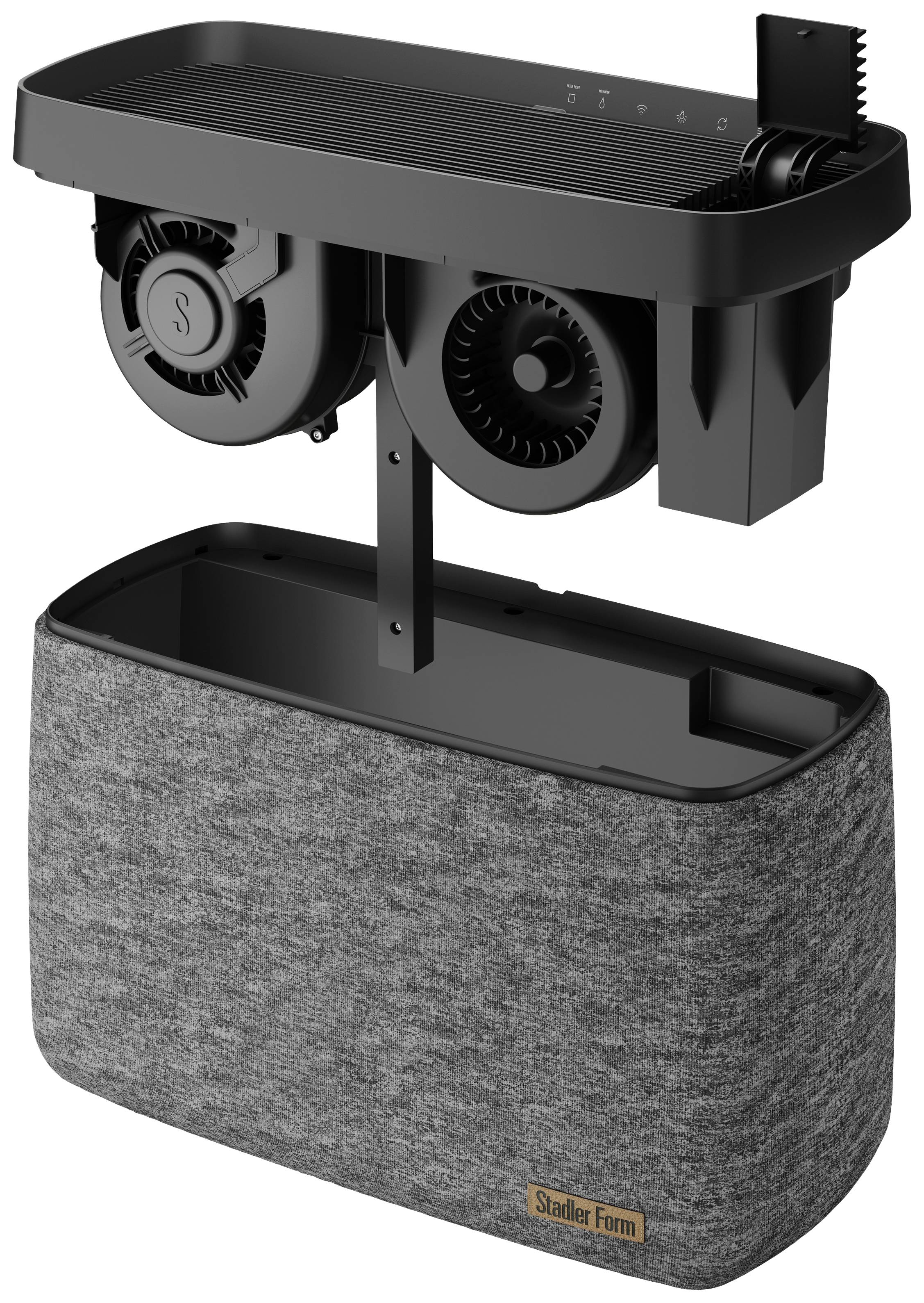 Humidificateur d'air avec revêtement en tissu gris, deux ventilateurs visibles à l'intérieur, commandés par un panneau de contrôle situé sur le dessus.