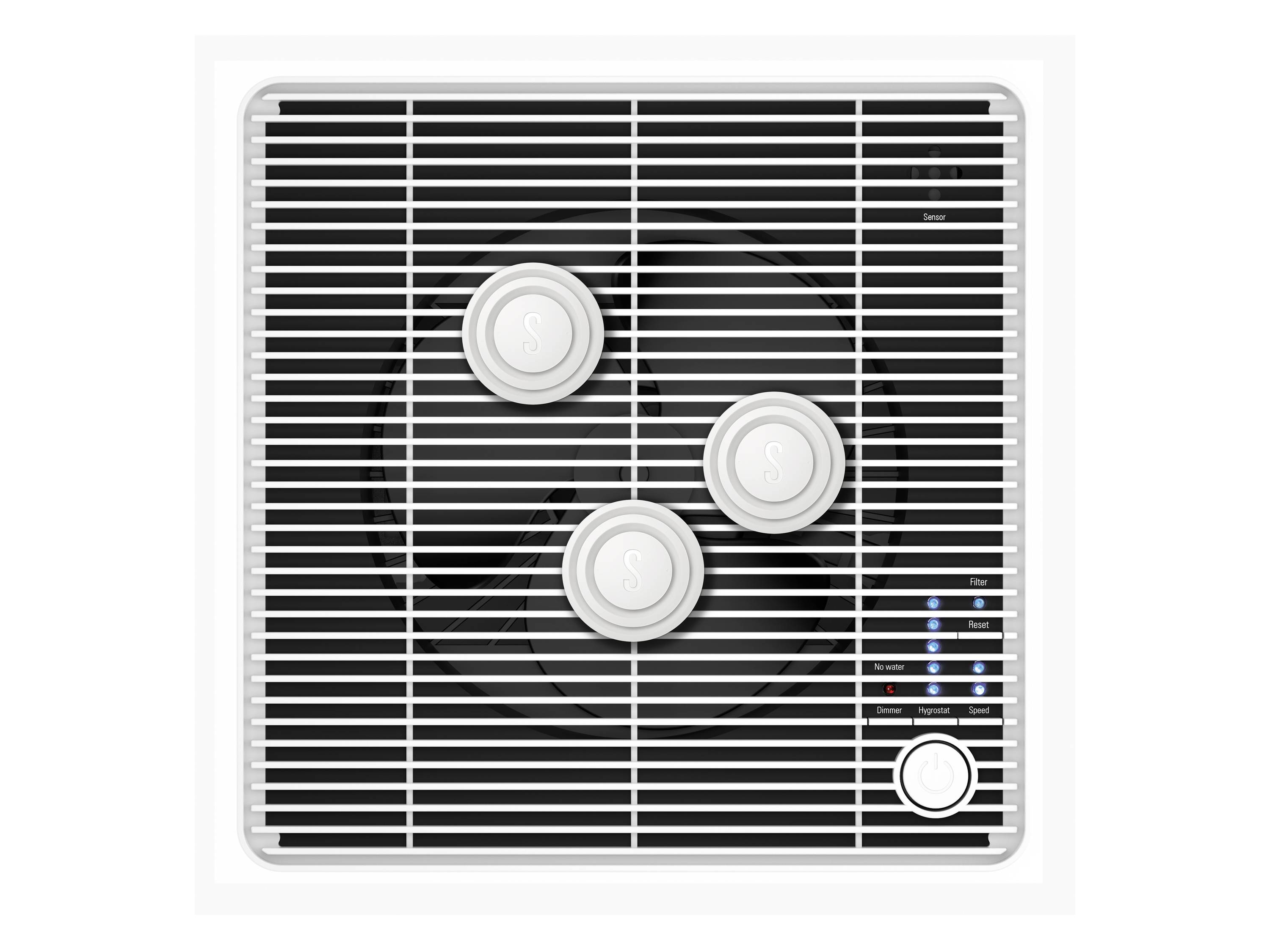 Vue d'un ventilateur du dessus avec trois boutons stables et des éléments de commande visibles sur le côté. Design en noir et blanc.