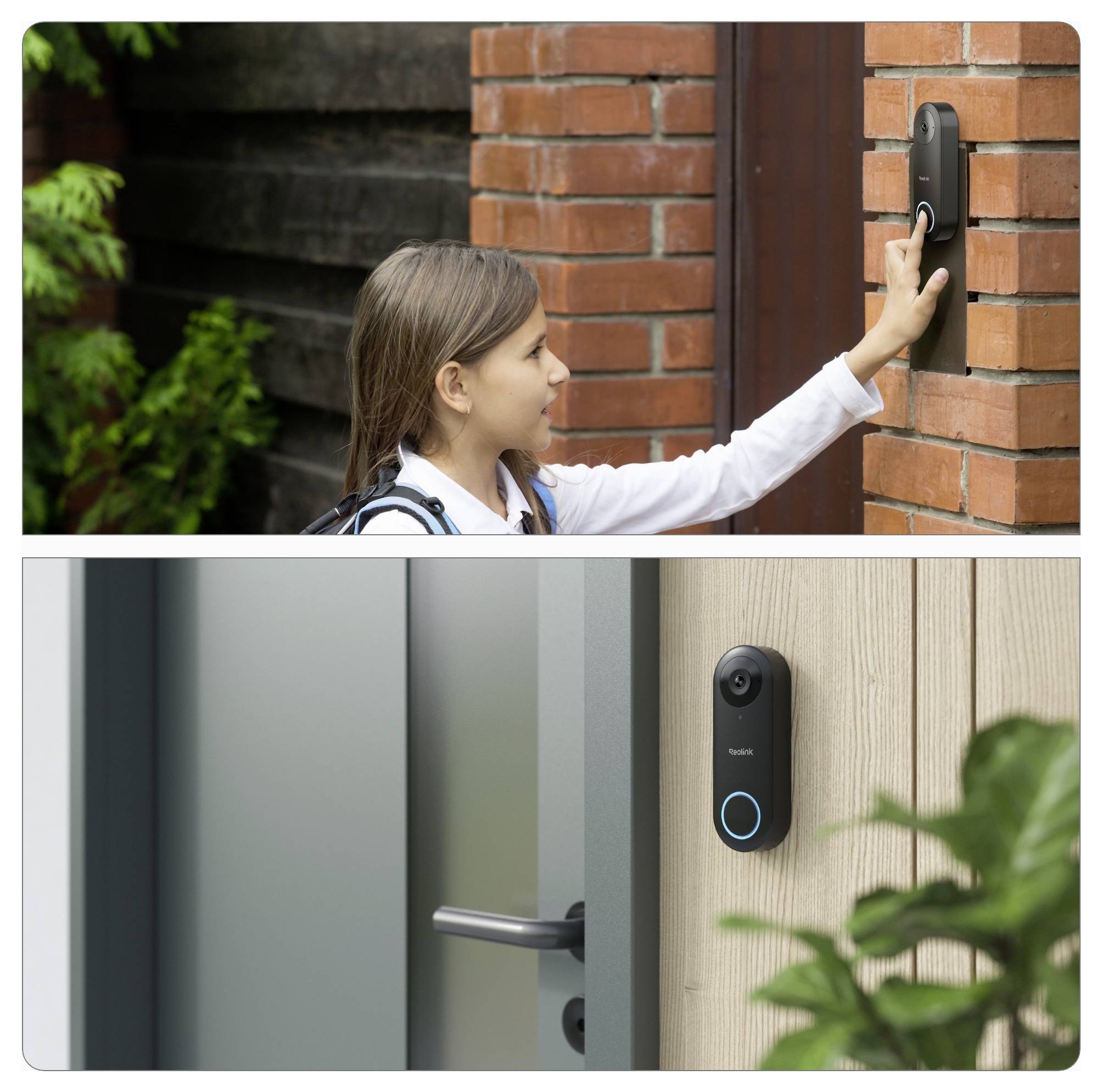 Un enfant appuie sur une sonnette d'entrée sur une maison de briques. En dessous, un gros plan d'une sonnette intelligente avec caméra sur un mur en bois.