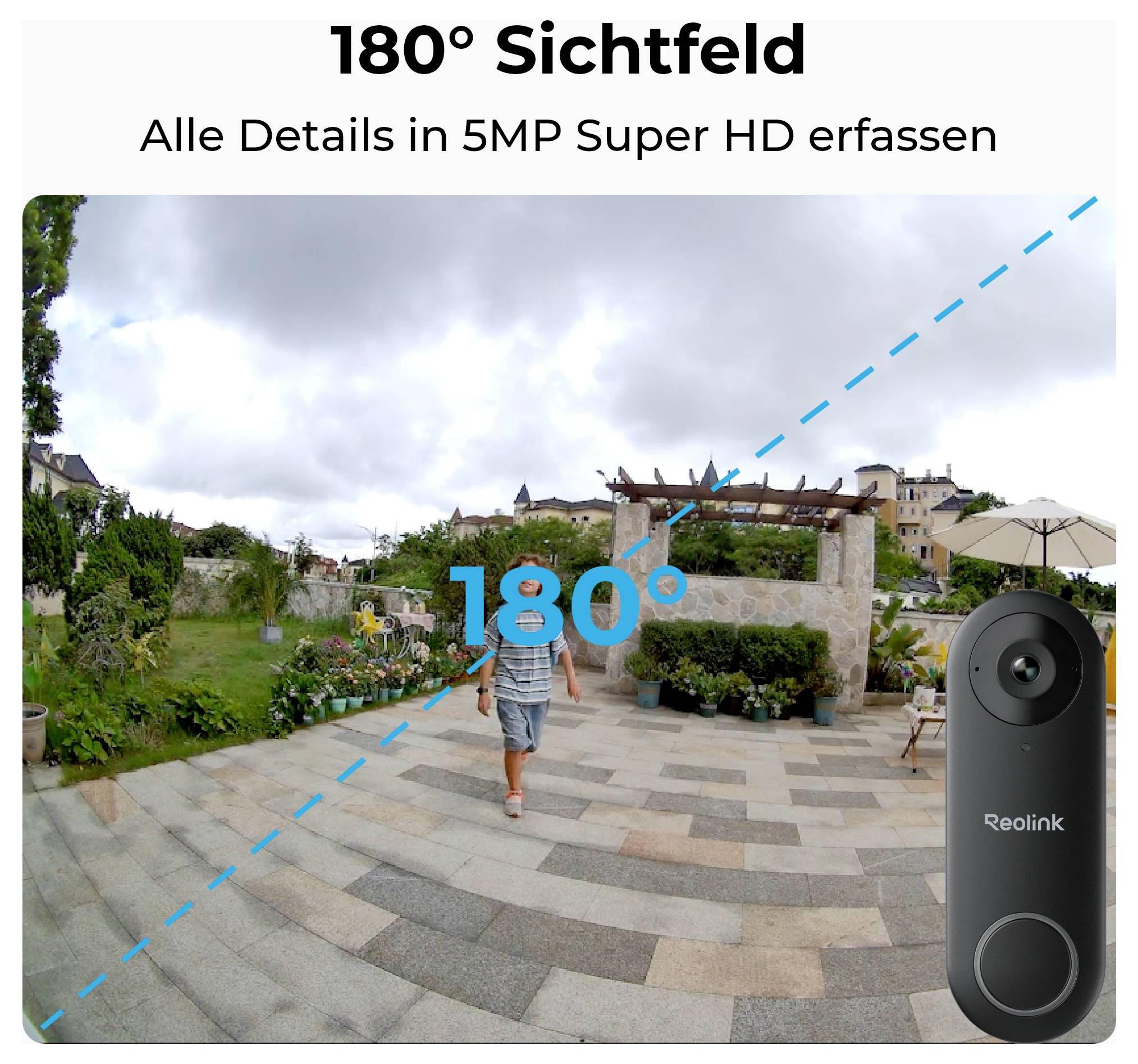 Une vue grand angle d'une zone de terrasse extérieure avec une personne marchant, un ciel rempli de nuages, et le texte '180° Champ de vision - Capturer tous les détails en 5MP Super HD'.