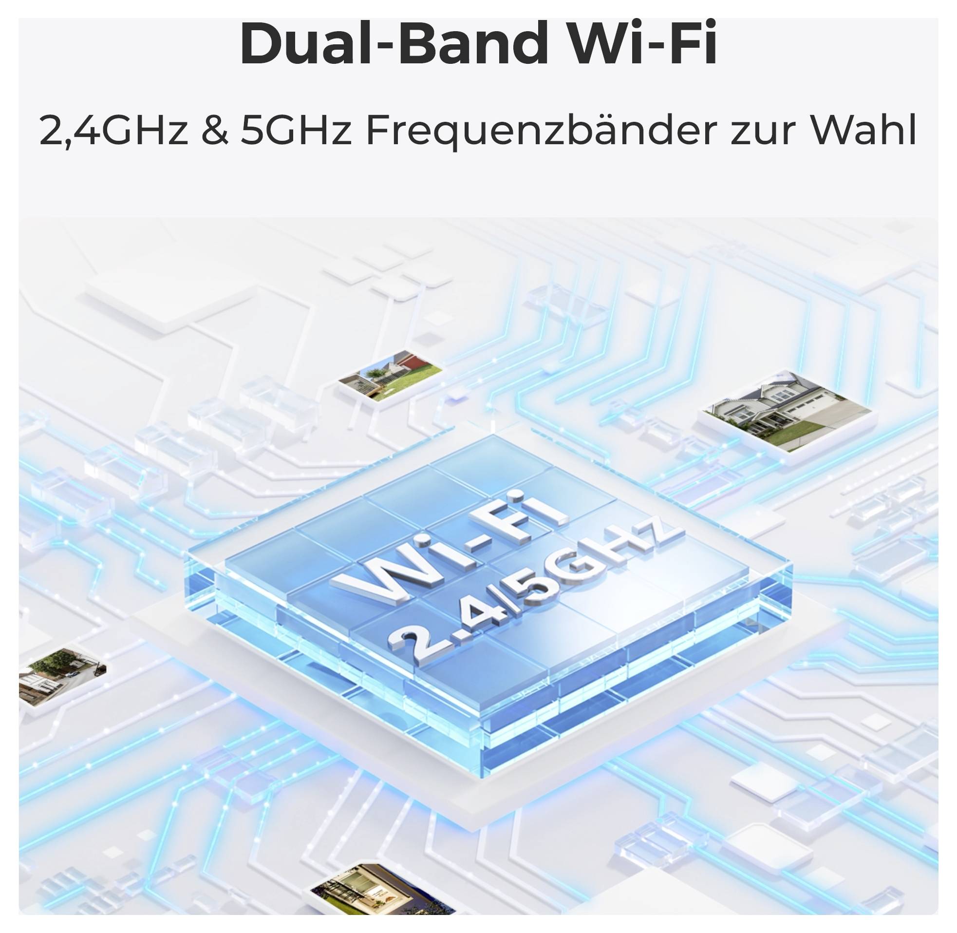 Options Wi-Fi double bande avec fréquences de 2,4 GHz et 5 GHz, illustrées avec un design en 3D sur le thème des circuits électroniques mettant en évidence « Wi-Fi 2,4/5 GHz ».