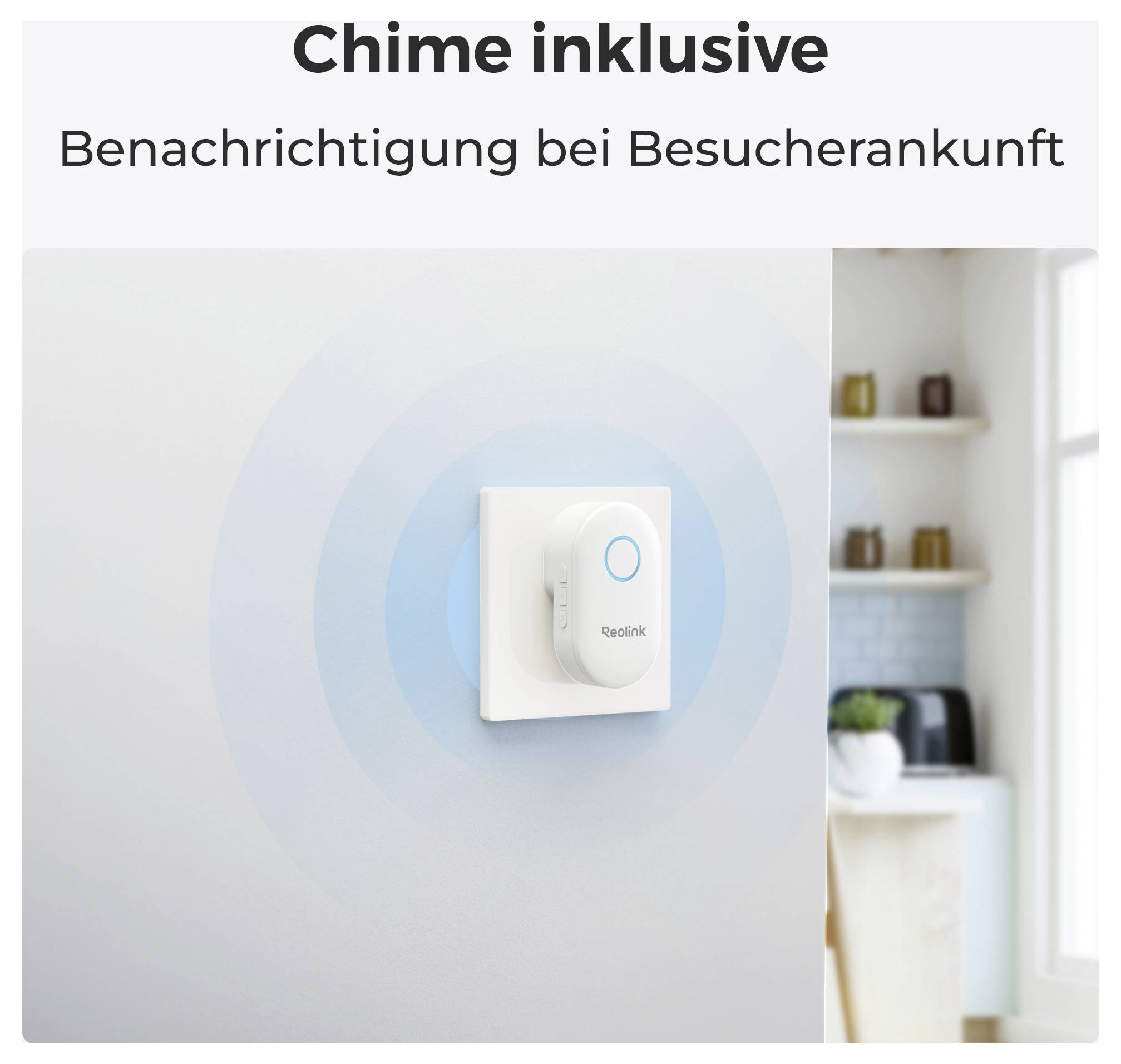 Un dispositif de sonnette blanc sur un mur avec des cercles concentriques bleus représentant des ondes sonores. Texte en allemand : « Chime avec notification à l'arrivée des visiteurs ».