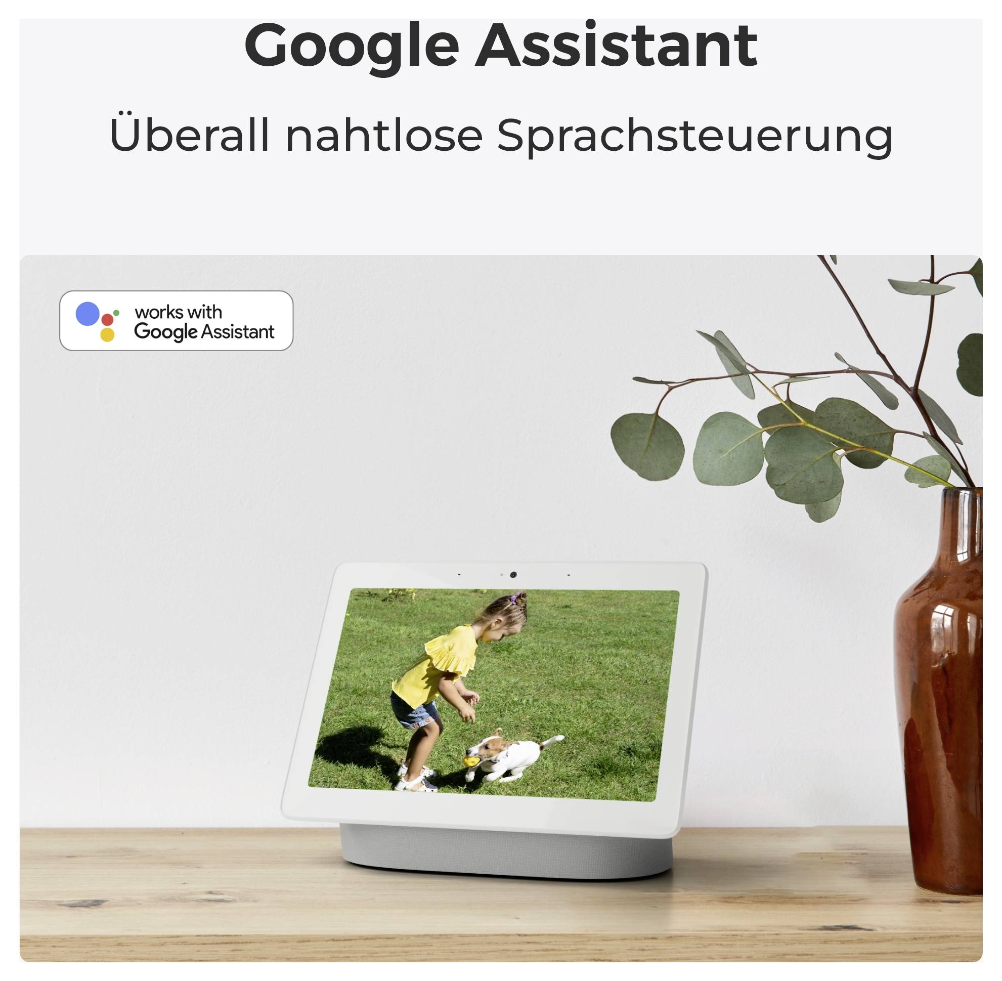 Un écran intelligent montrant un enfant jouant avec un chien dans un champ herbeux, accompagné du texte 'Google Assistant partout, contrôle vocal transparent'.