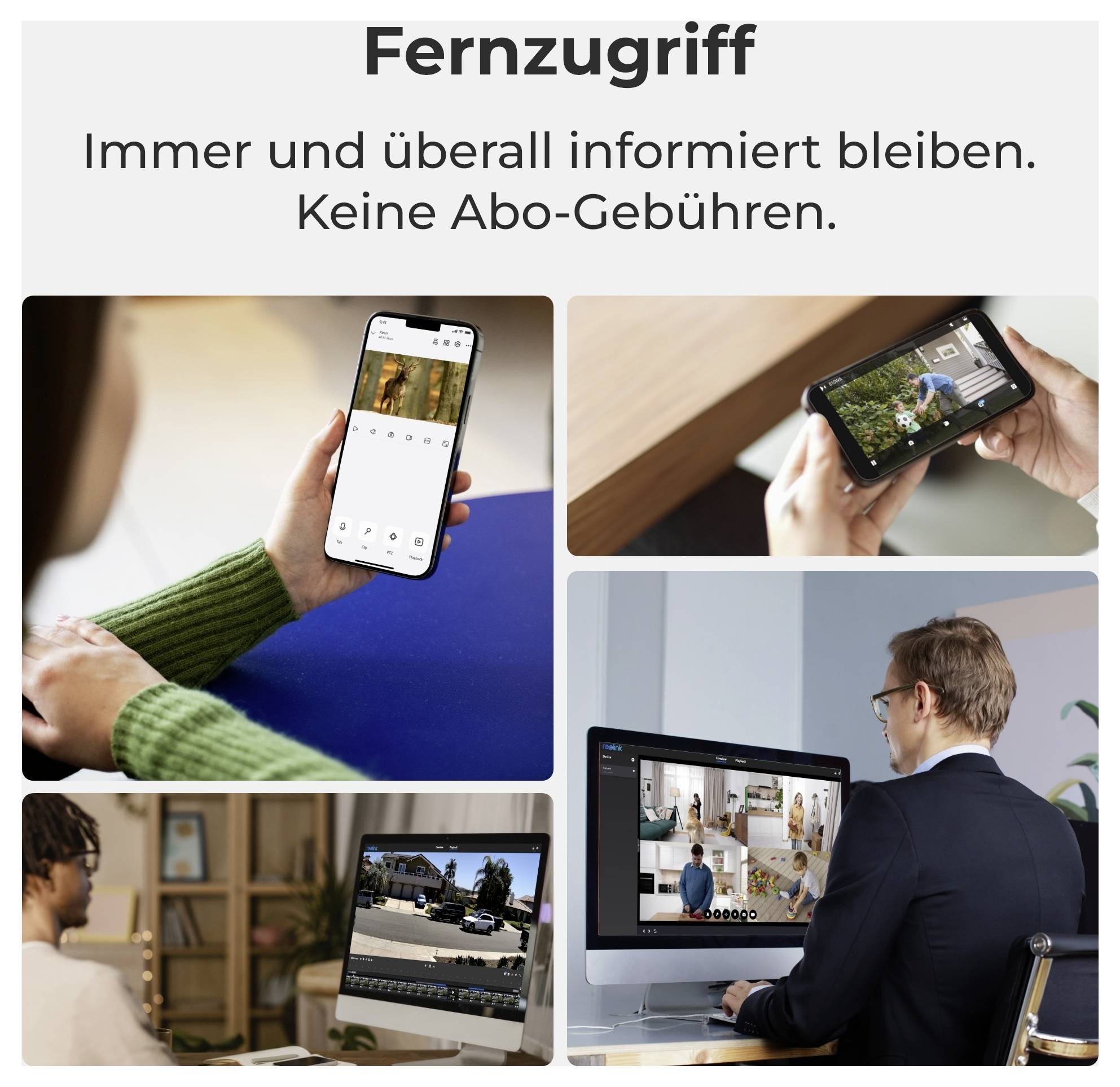 'Accès à distance : Restez informé à tout moment et partout. Aucun frais d'abonnement.' Les images montrent des personnes utilisant des appareils pour surveiller des images de sécurité depuis des smartphones et des ordinateurs.