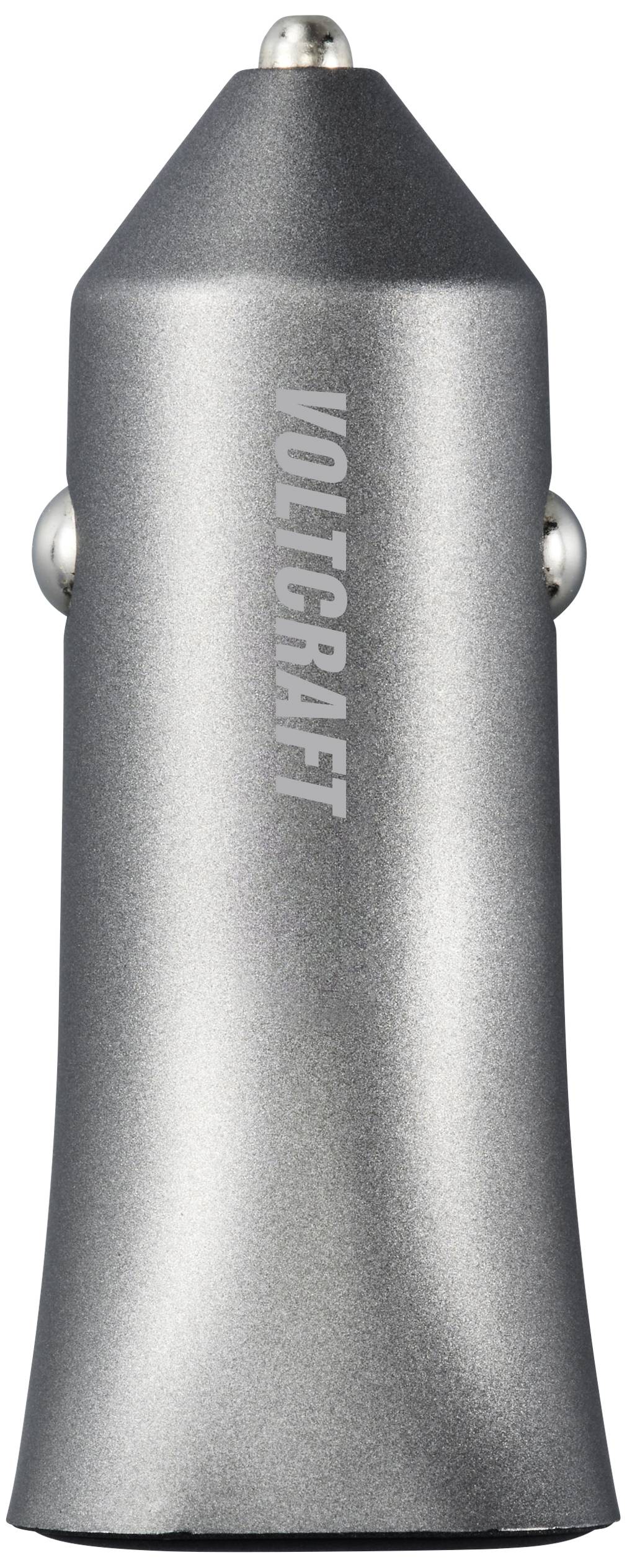Chargeur de batterie automobile argenté portant l'inscription 'Voltcraft' sur le côté.