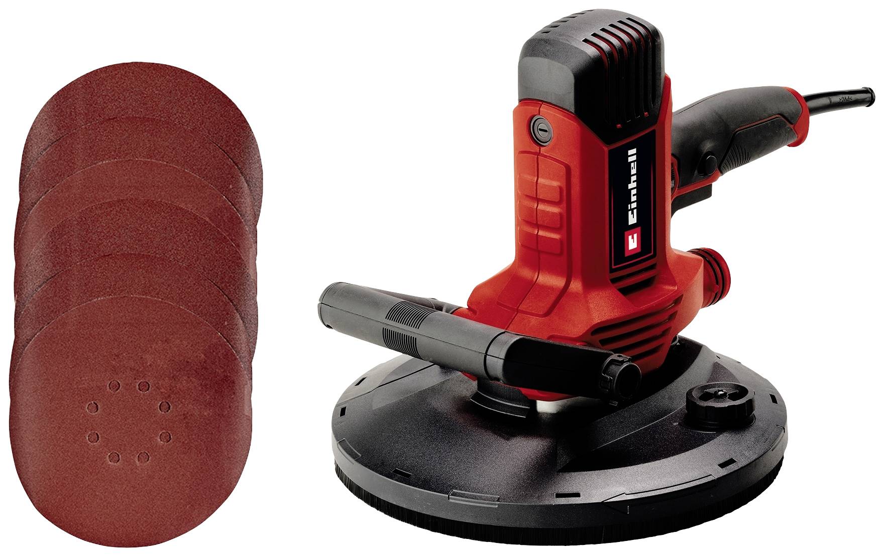 Une meuleuse d'angle rouge avec une poignée noire, à côté de cinq disques abrasifs brun-rougeâtre.