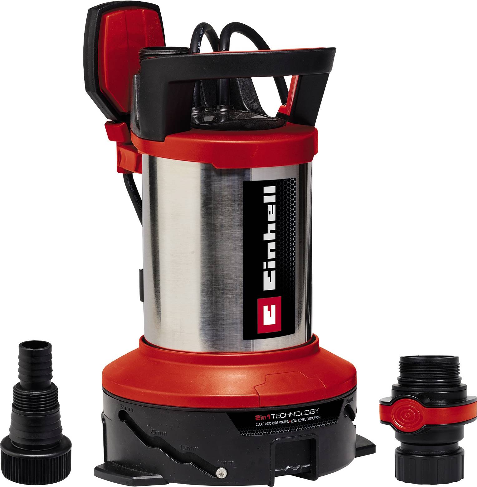 Pompe de plongée Einhell en rouge et noir, avec boîtier en acier inoxydable et raccord de tuyau amovible, adaptée pour le pompage de l'eau.