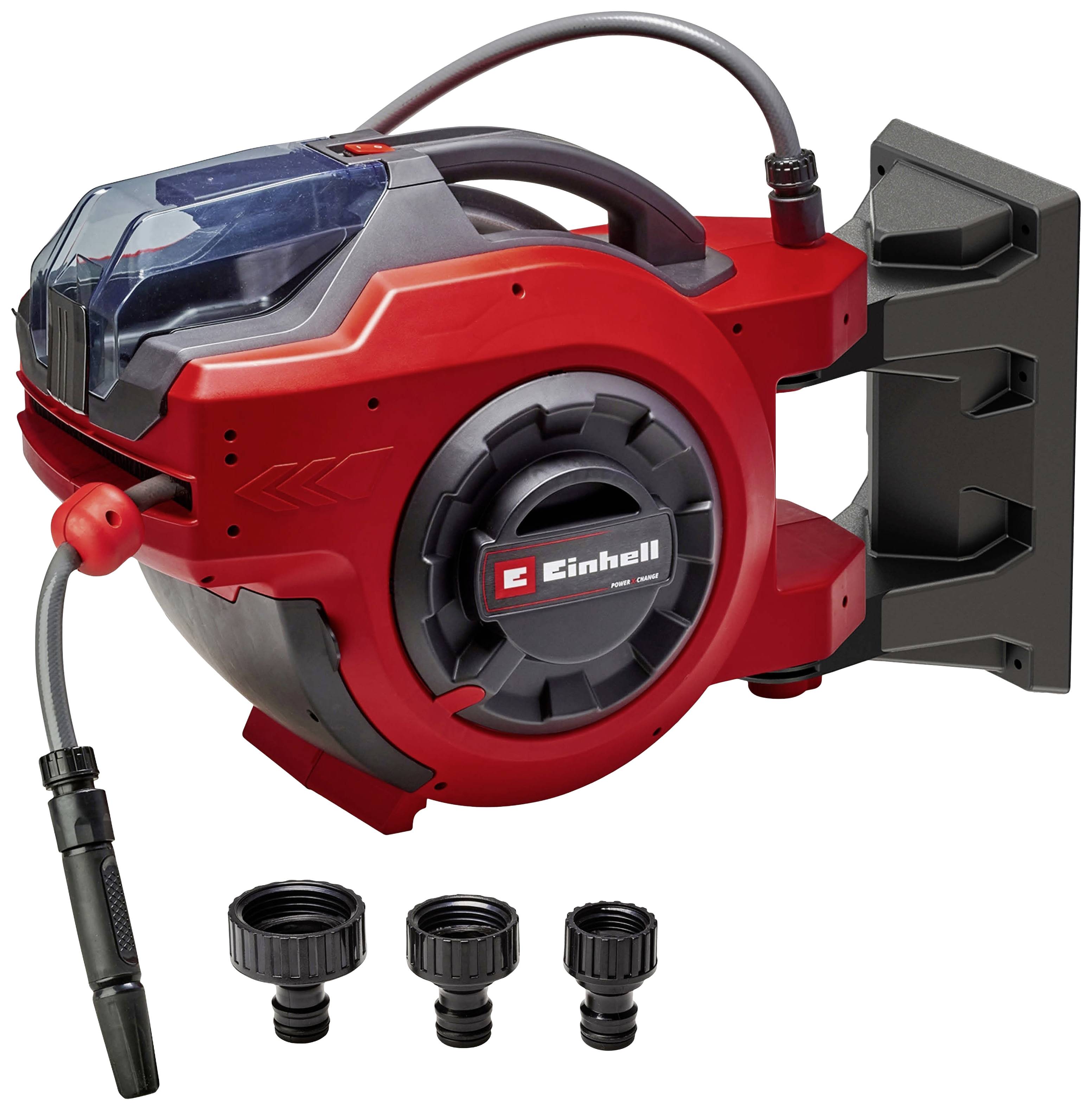 Une boîte à tuyau murale rouge Einhell avec mécanisme d'enroulement automatique intégré et trois raccordements de tuyau, destinée à l'arrosage du jardin.