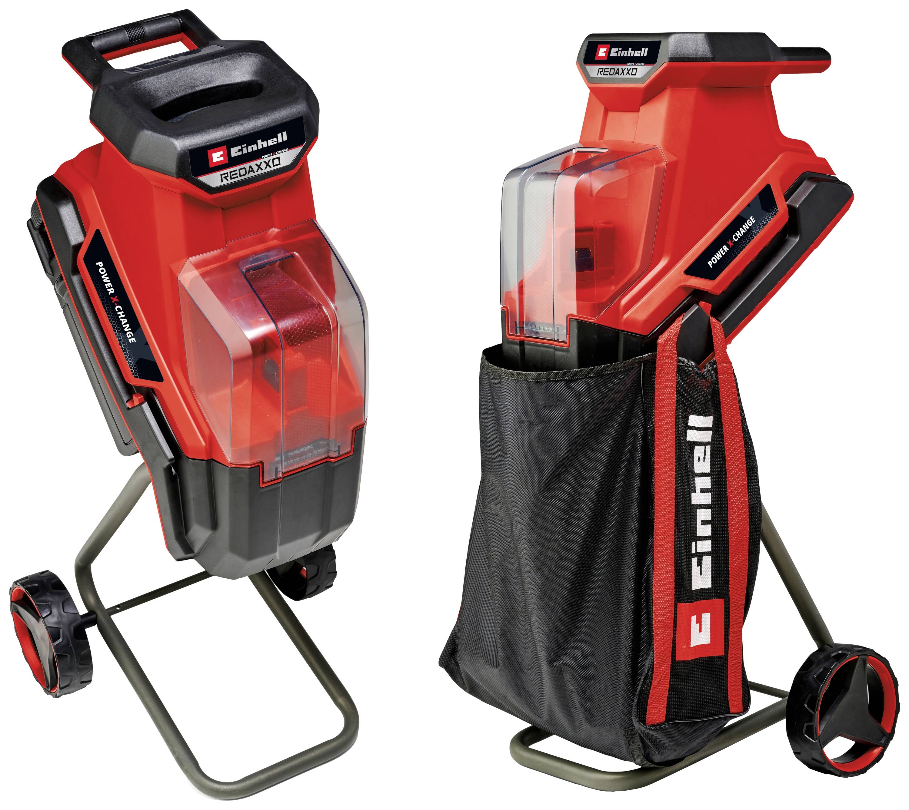 Broyeur électrique Einhell REDAXO de couleur rouge et noir avec panier de collecte. Idéal pour broyer les déchets de jardin. Monté sur roues pour une mobilité facilitée.