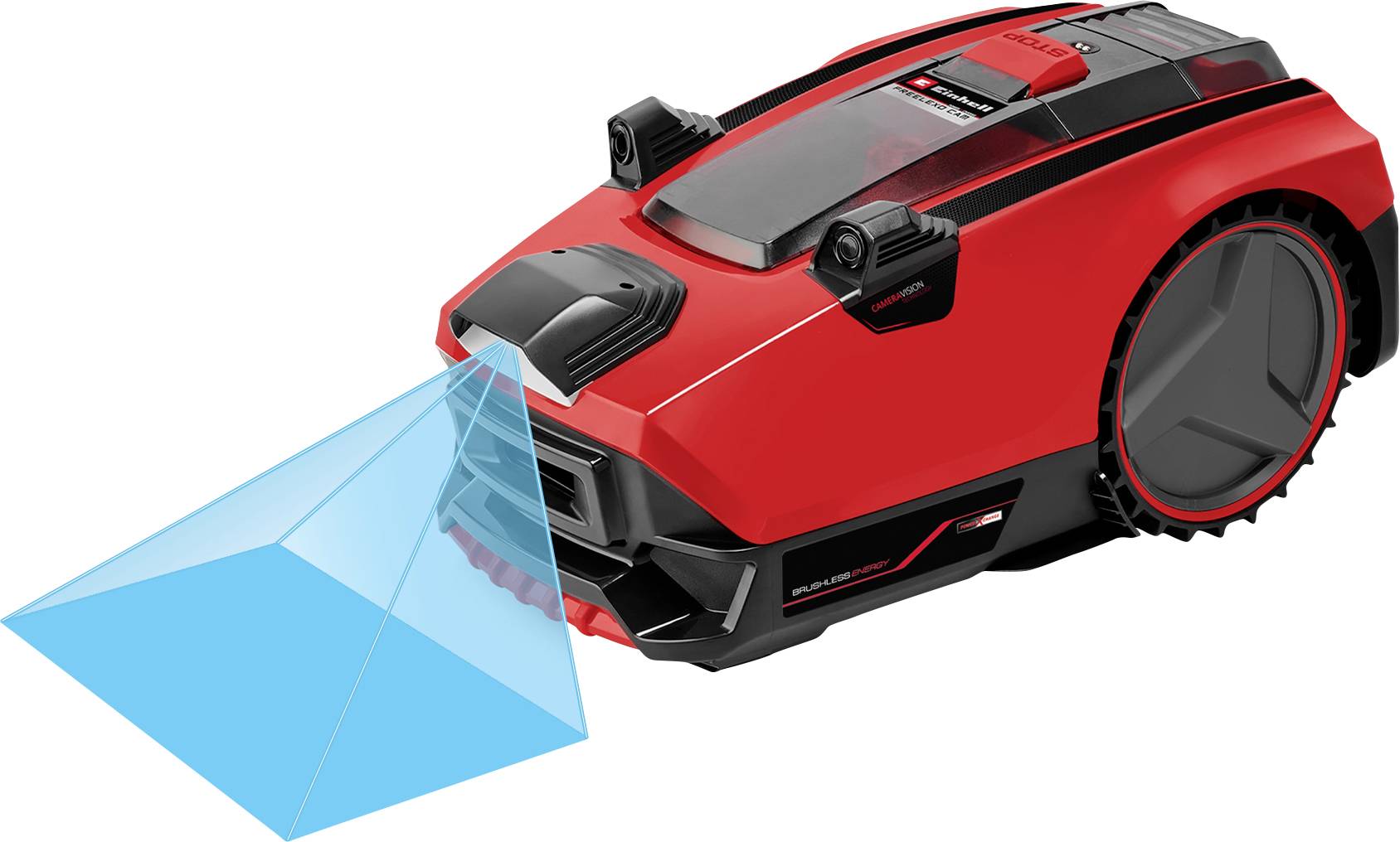 Un tondeuse autonome rouge avec des capteurs projette une lumière bleue sur le sol pour détecter les obstacles.