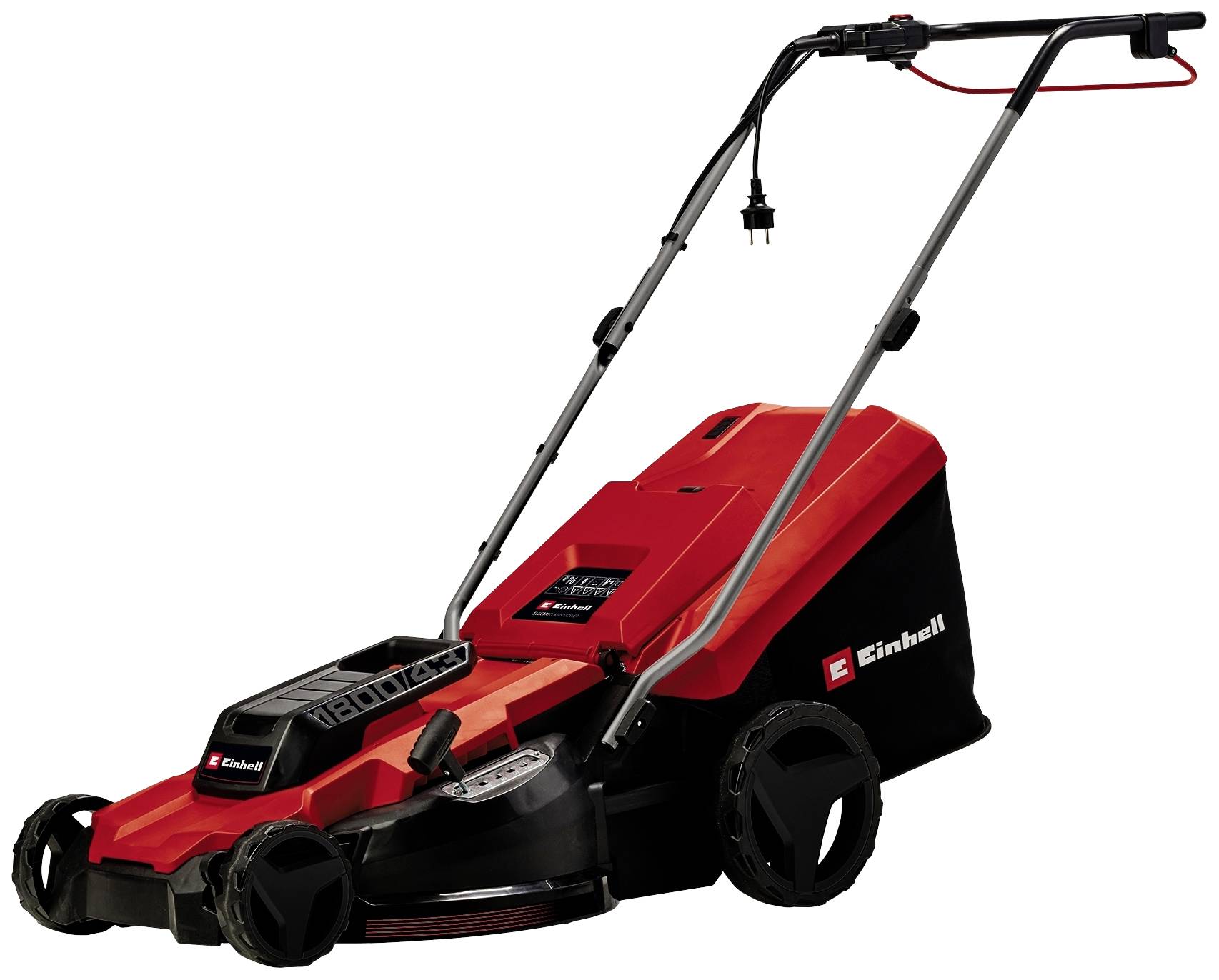 Tondeuse électrique rouge et noire de marque Einhell. Avec fil, équipée de grandes roues et d'une poignée ergonomique.