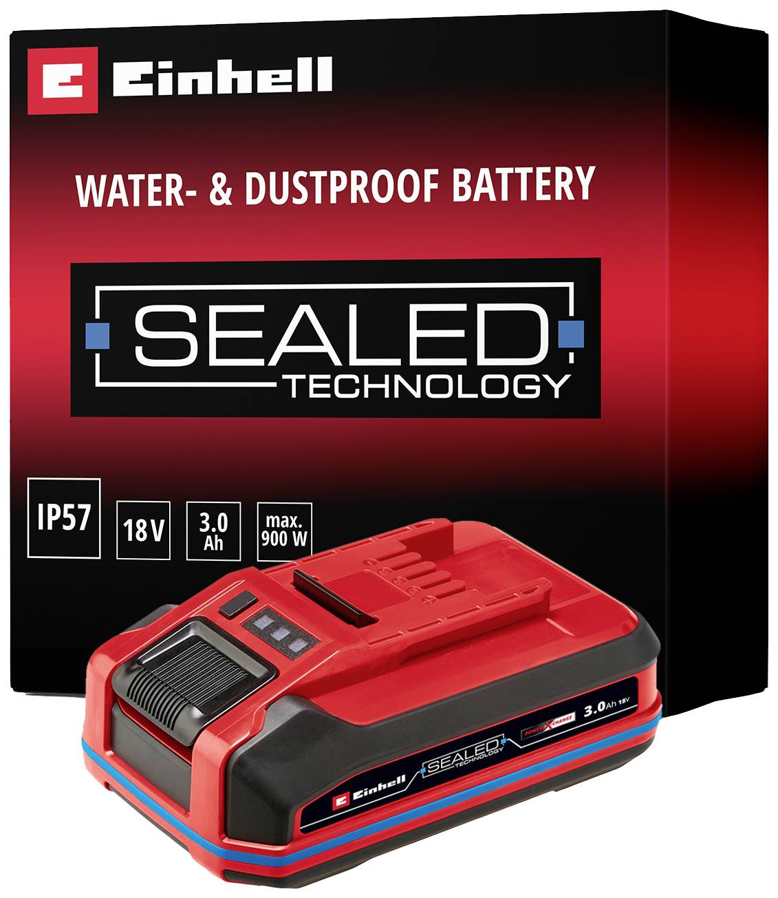 Pack de batterie Einhell avec l'inscription 'Technologie Scellée'. 18V, 3,0Ah, étanche et résistant à la poussière selon IP57, max. 900W.