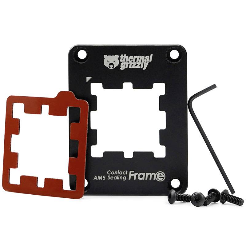 Cadre de contact noir 'Thermal Grizzly' avec matériau d'étanchéité rouge, vis et une clé hexagonale. Accessoire pour matériel informatique.