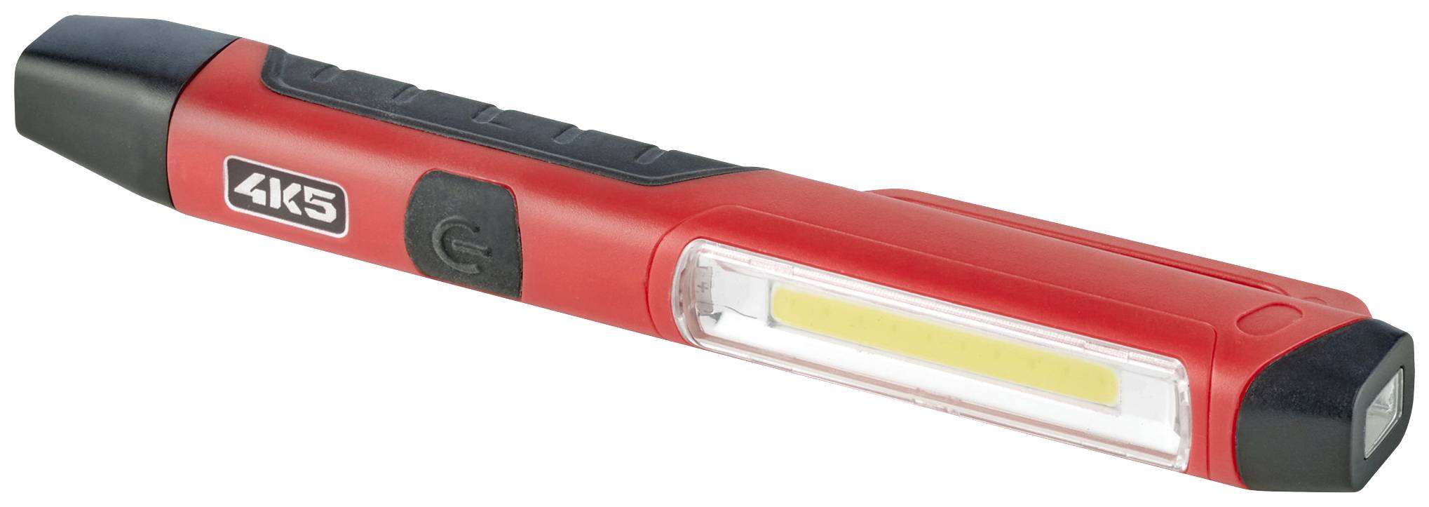 Lampe stylo LED rouge avec tête et poignée noires. Un bouton marche/arrêt est situé sur le côté, avec le logo '4K5'.