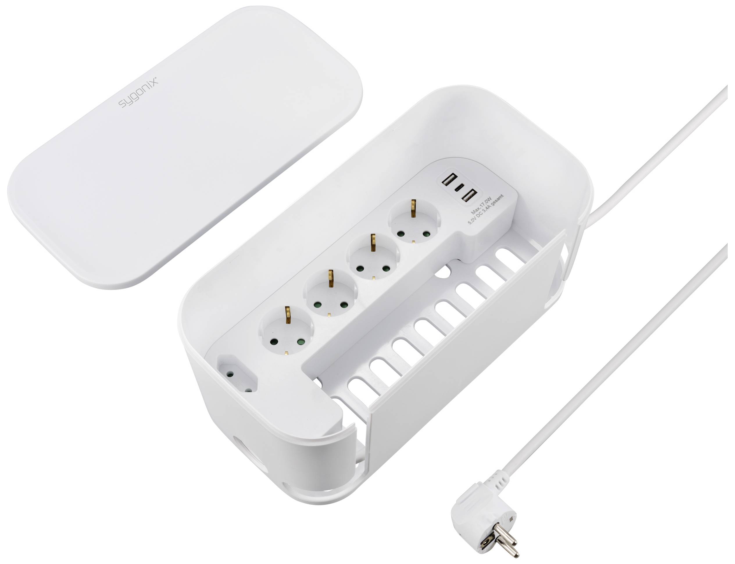 Un boîtier de gestion de câbles blanc avec un couvercle amovible montre à l'intérieur des multiprises et des ports USB. Un câble avec une fiche est connecté.