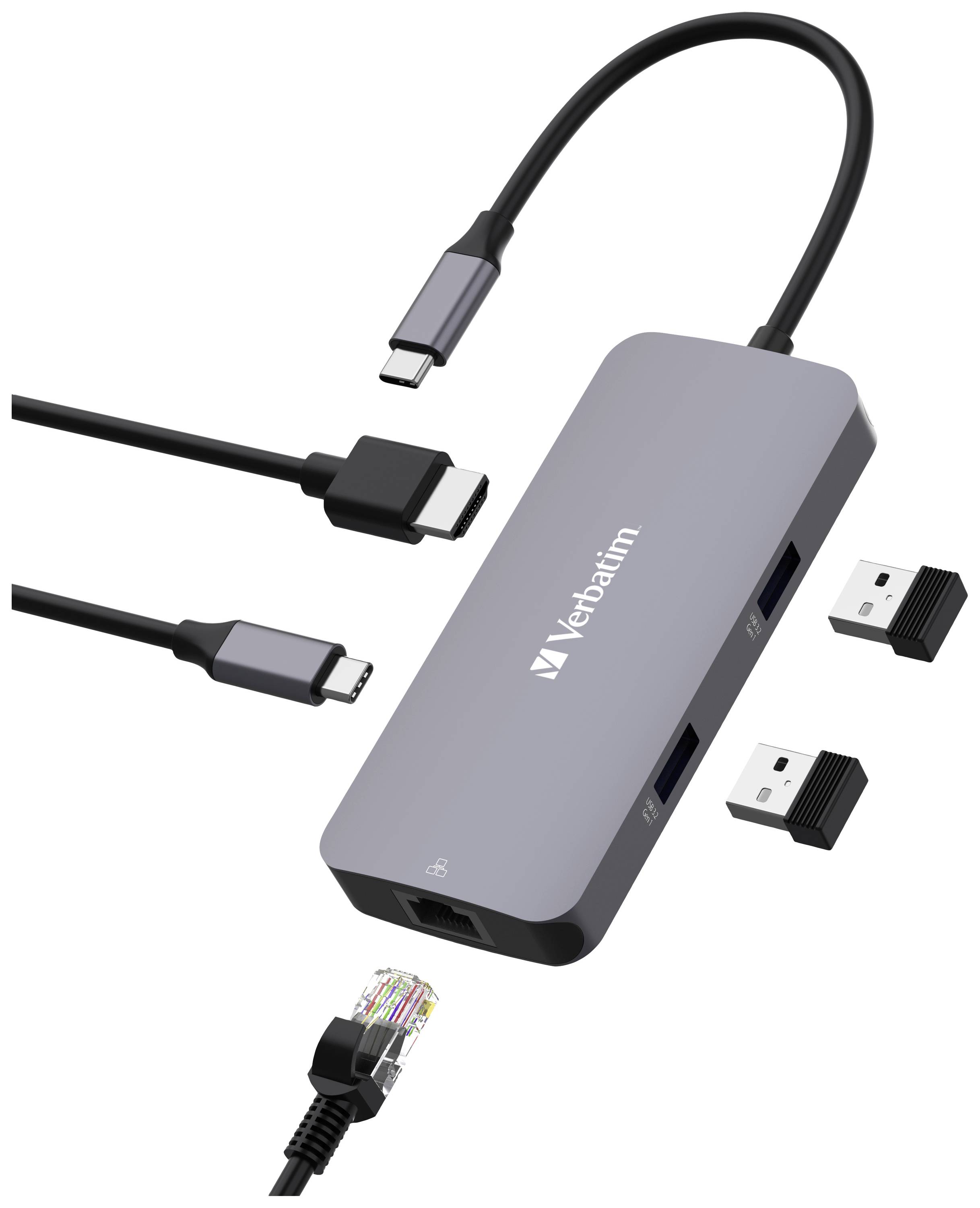 Hub multiport USB-C® (USB 3.2 Gen 1) Verbatim CMH-05 5 ports avec port réseau intégré, avec port de charge rapide, avec fich