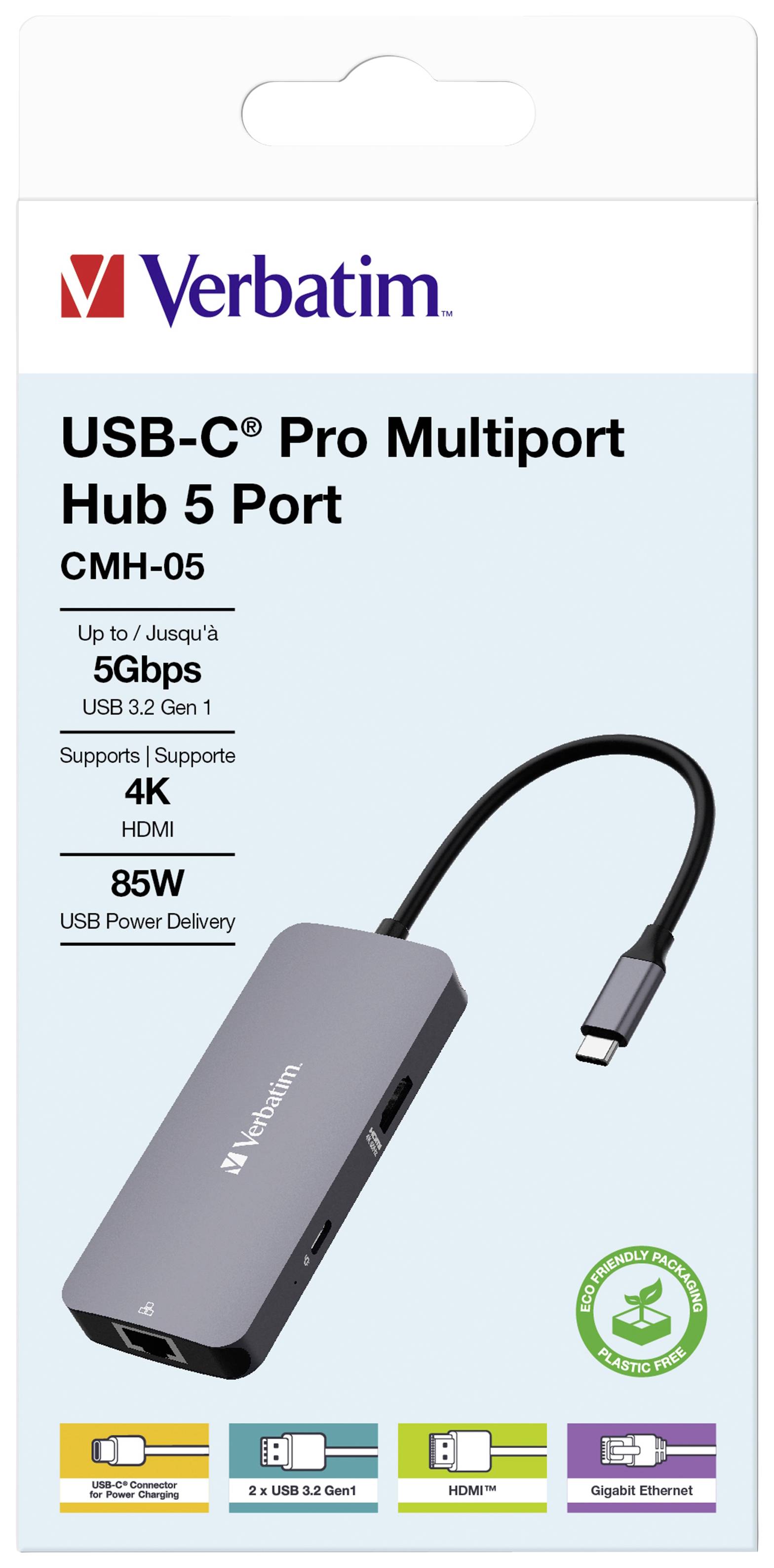 Hub multiport USB-C® (USB 3.2 Gen 1) Verbatim CMH-05 5 ports avec port réseau intégré, avec port de charge rapide, avec fich
