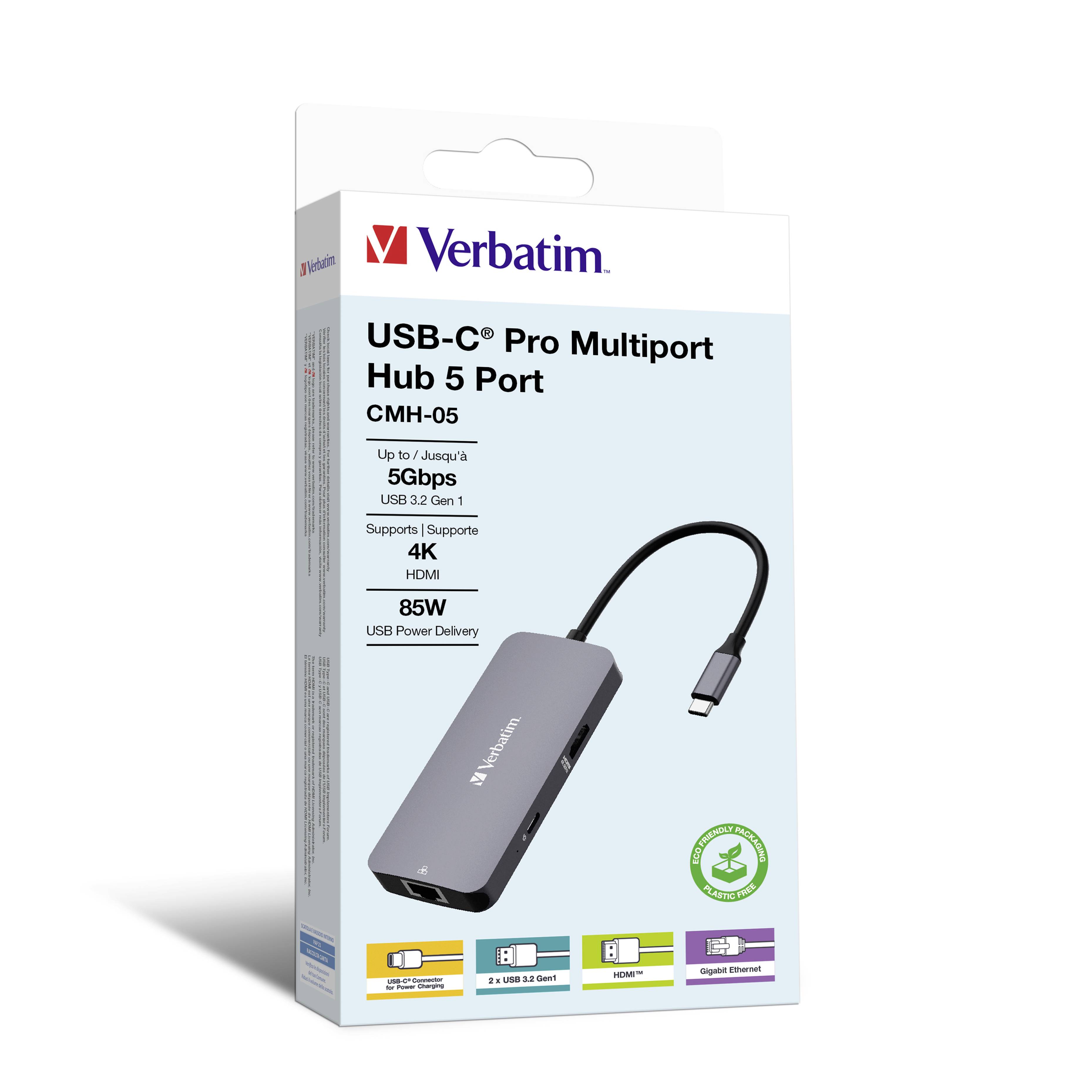 Hub multiport USB-C® (USB 3.2 Gen 1) Verbatim CMH-05 5 ports avec port réseau intégré, avec port de charge rapide, avec fich