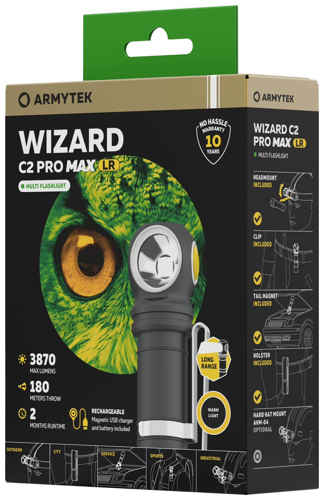ArmyTek Wizard C2 Pro Max LR Warm LED Lampe de poche avec clip ceinture, avec étui à batterie 3870 lm 151 g