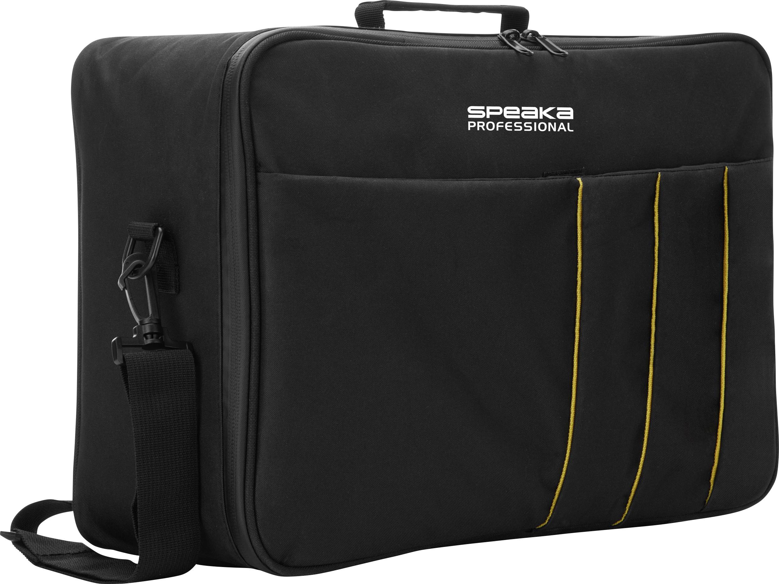 Un sac de transport noir portant l'inscription 'Speaka Professional', avec des bandes jaunes et une bandoulière sur le côté gauche.