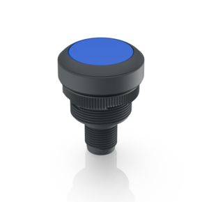 Bouton noir rond avec partie supérieure bleue, adapté aux applications industrielles ou comme élément de commande dans les appareils.