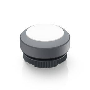 Bouton rond gris avec une surface blanche, ressemblant à un interrupteur rotatif.