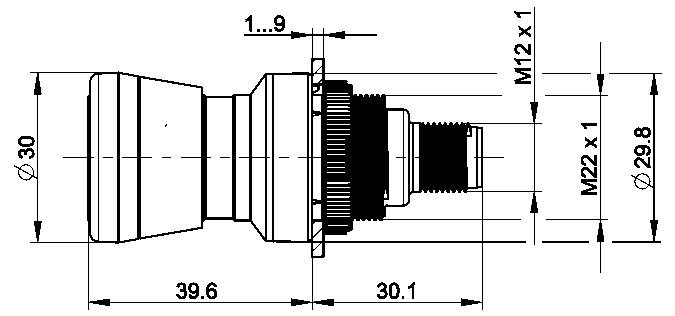 Dessin technique d'une pièce mécanique cylindrique avec dimensions étiquetées : longueur totale 39,6 mm, diamètre 30 mm, tailles de filetage M12 x 1 et M22 x 1.