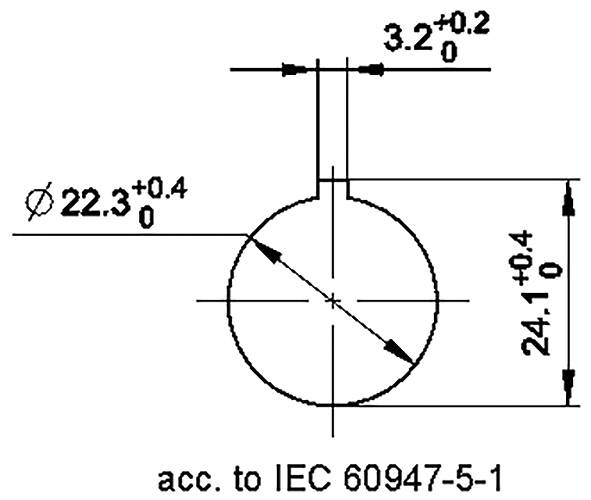 Schéma d'un objet circulaire avec les dimensions : diamètre 22,3±0,4 mm, hauteur 24,1±0,4 mm. Comprend une extension verticale 3,2±0,2 mm. Étiqueté selon la norme IEC 60947-5-1.