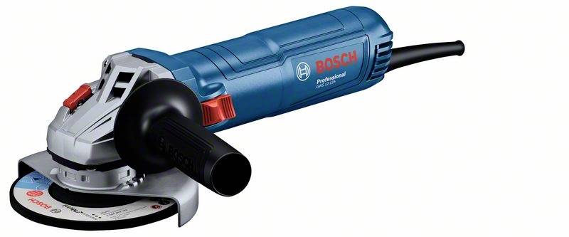 Une meuleuse d'angle Bosch bleue avec une poignée noire et le logo Bosch rouge.