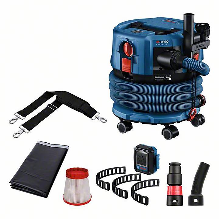 Aspirateur industriel avec accessoires : tuyaux, filtres, sangles et adaptateurs. Conçu pour une utilisation sur chantiers ou en atelier.