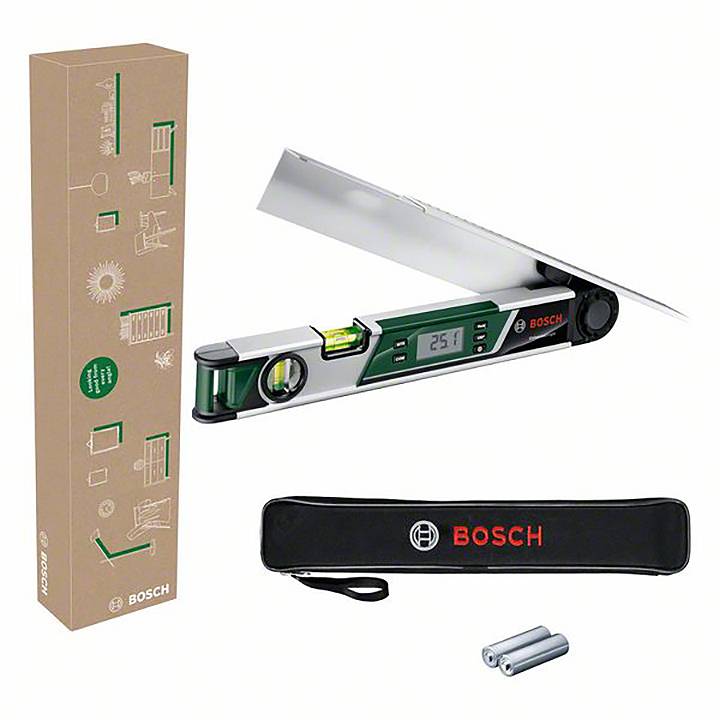 Bosch goniomètre numérique avec boîtier vert, écran LCD intégré, niveau à bulle et accessoires. Emballage, sacoche et piles illustrés.