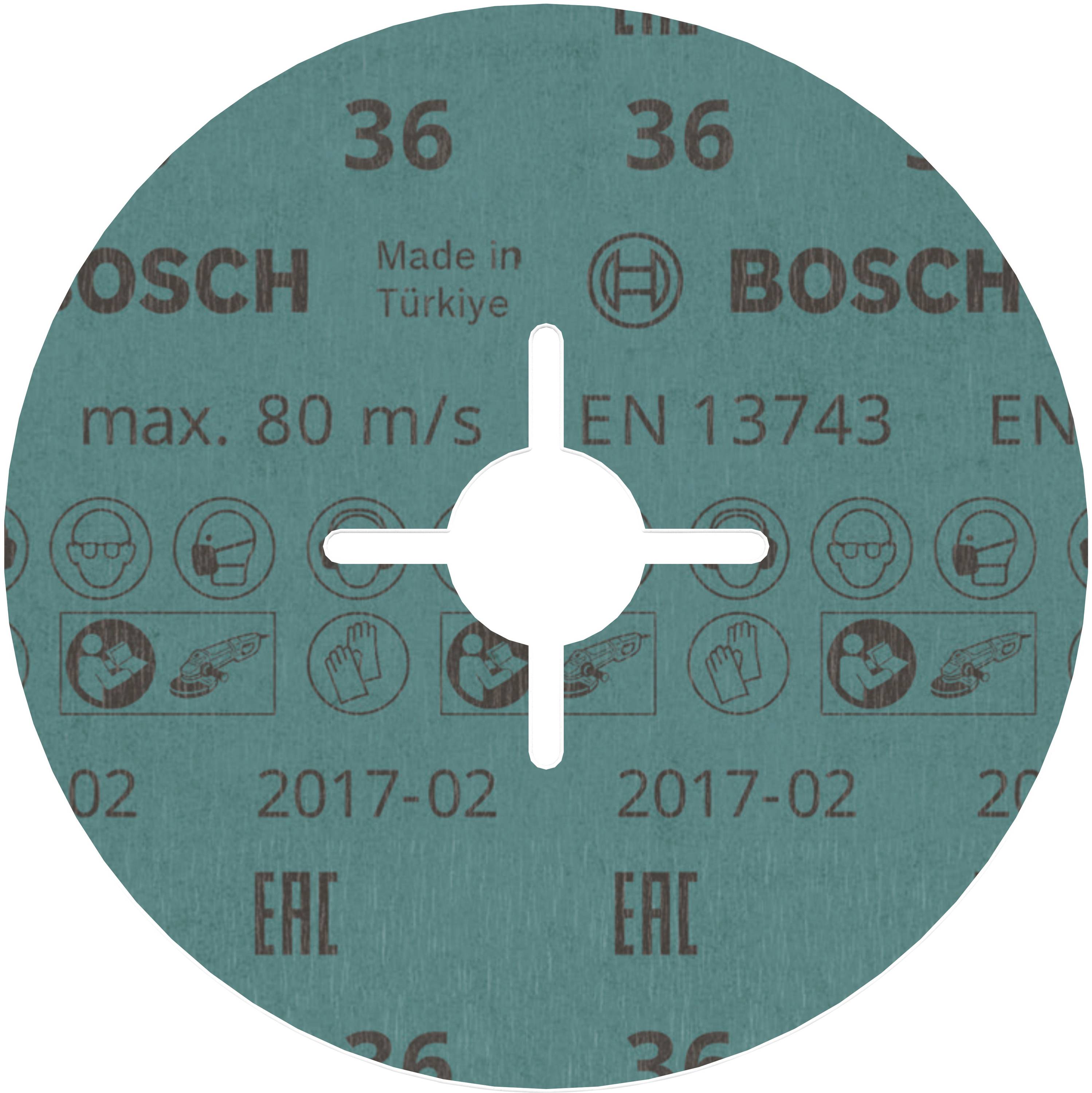 Disque abrasif portant l'inscription « Bosch », vitesse maximale 80 m/s, EN 13743, fabriqué en Turquie, certification EAC.