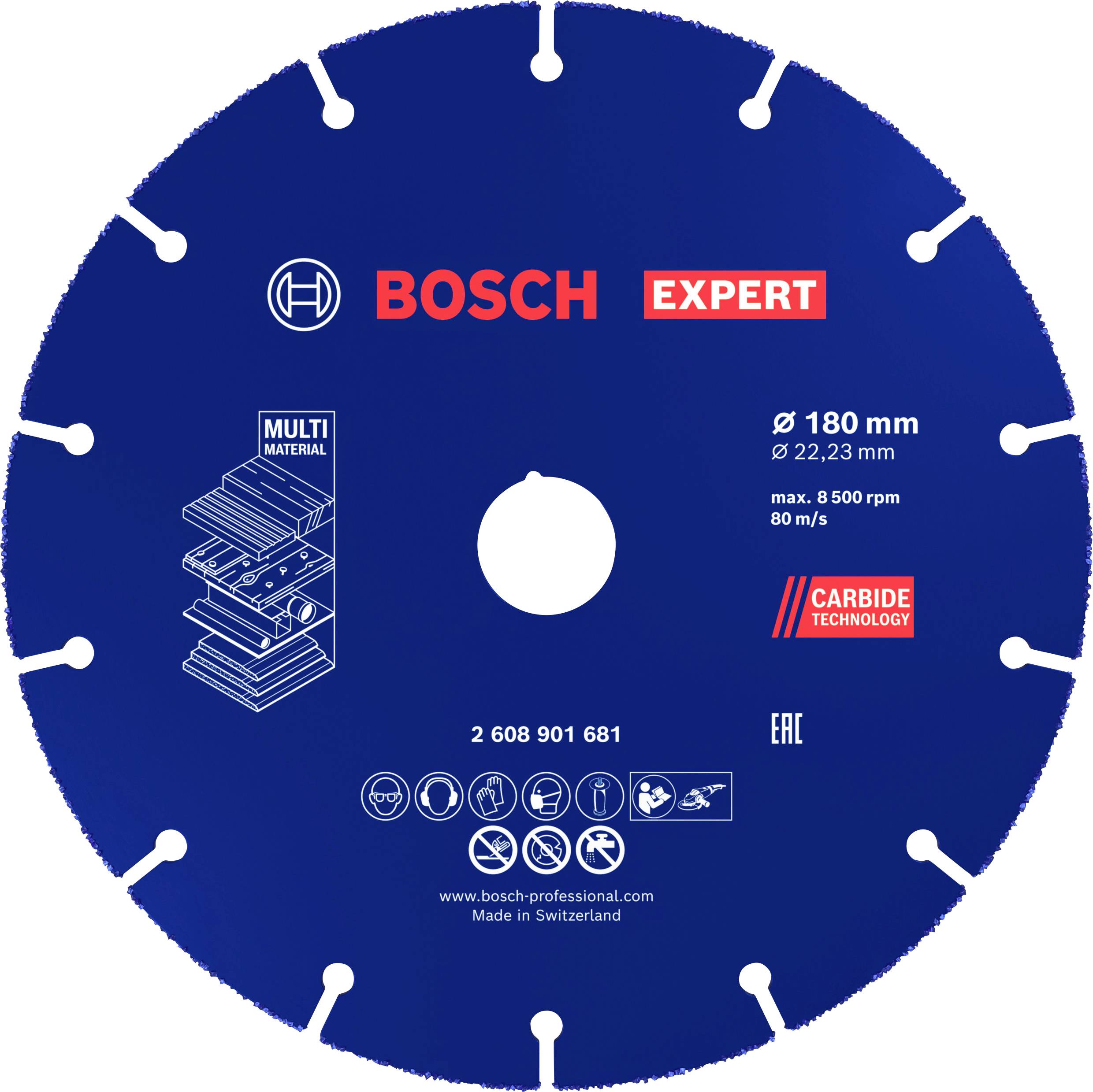 Disque de coupe bleu Bosch pour divers matériaux, diamètre 180 mm, vitesse de rotation maximale 8 500 tr/min, Fabriqué en Suisse.