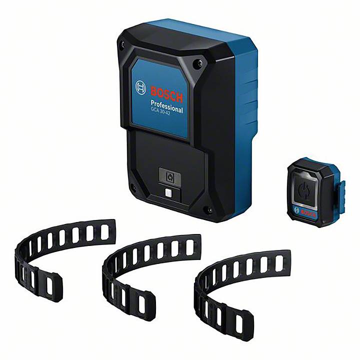 Un appareil laser Bosch Professional avec support mural, trois sangles de fixation et une petite télécommande.