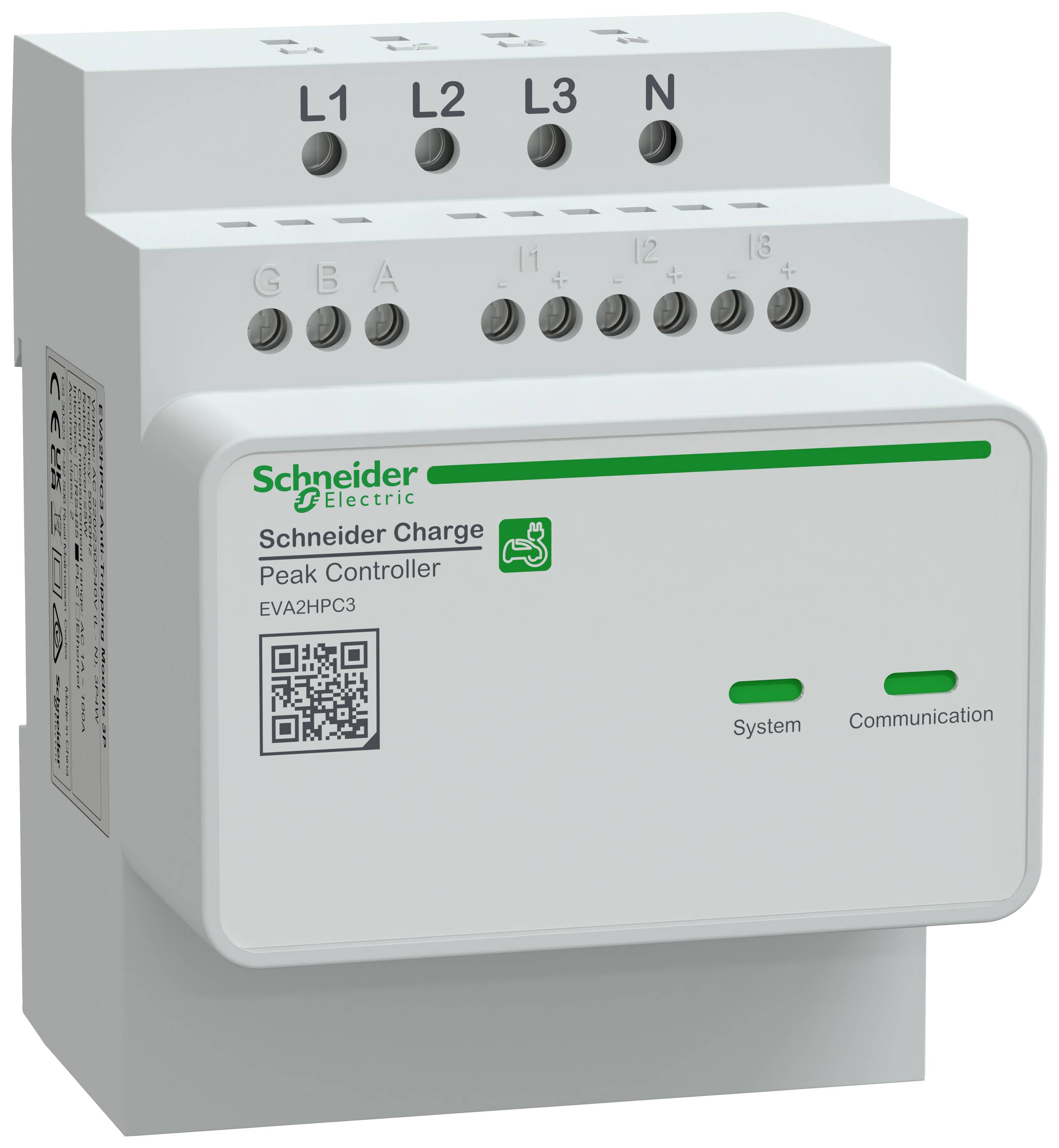 Un appareil blanc portant l'inscription 'Schneider Electric' sert de régulateur électrique. Il dispose de connexions pour les phases L1, L2, L3 et le conducteur neutre.