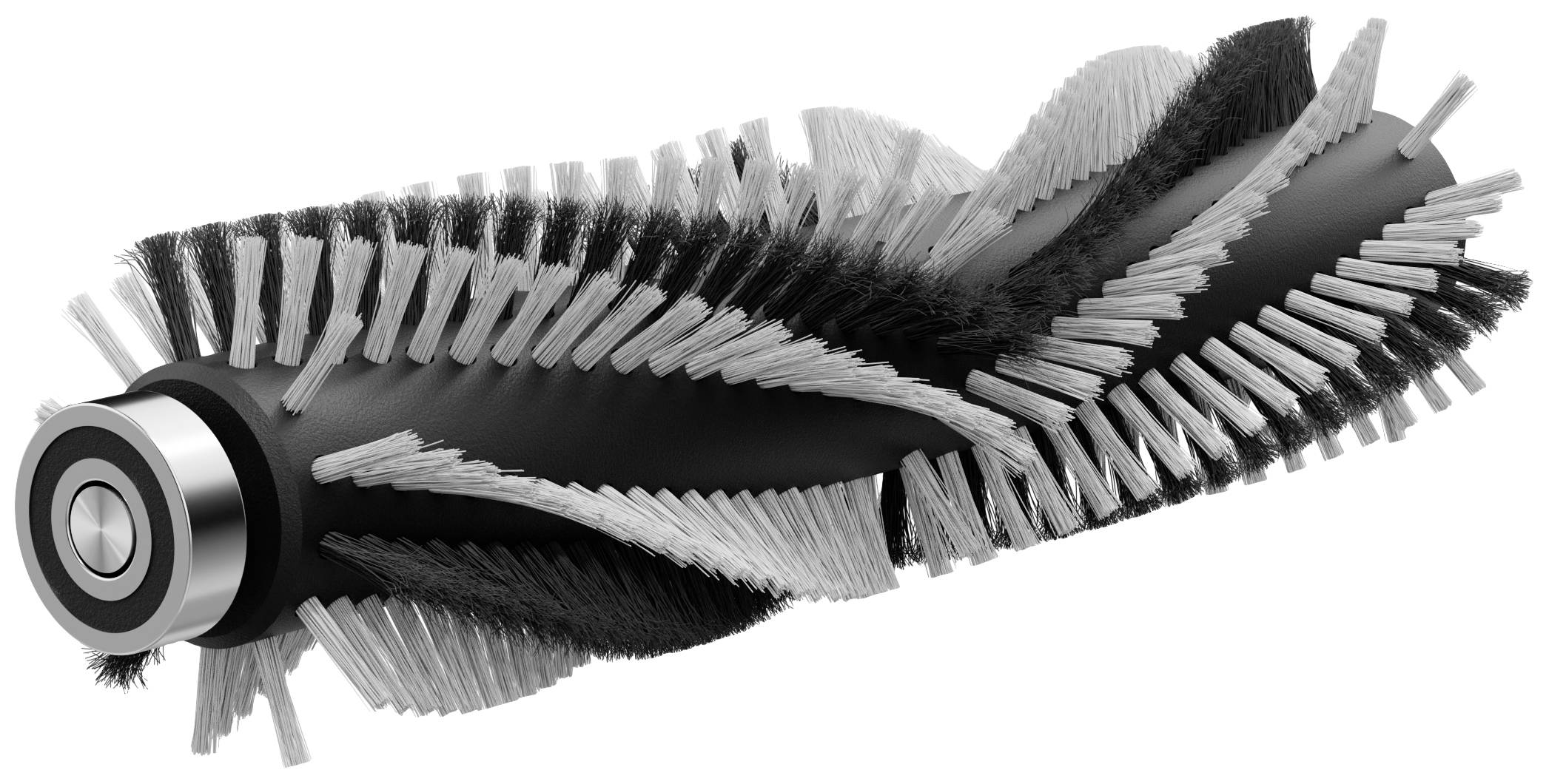 Rouleau de brosse pour aspirateur avec des poils alternant entre noir et blanc, monté sur un palier sphérique sur un côté.