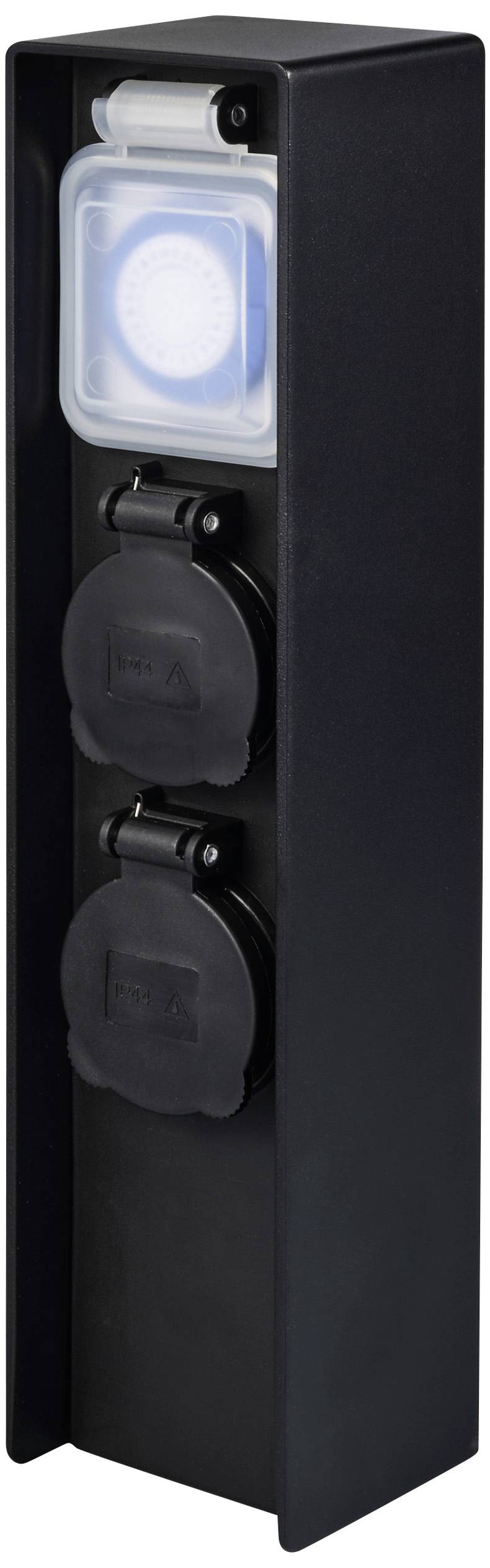 Prise électrique extérieure noire avec deux volets et un voyant LED bleu sur le dessus. Adaptée pour une utilisation en extérieur.