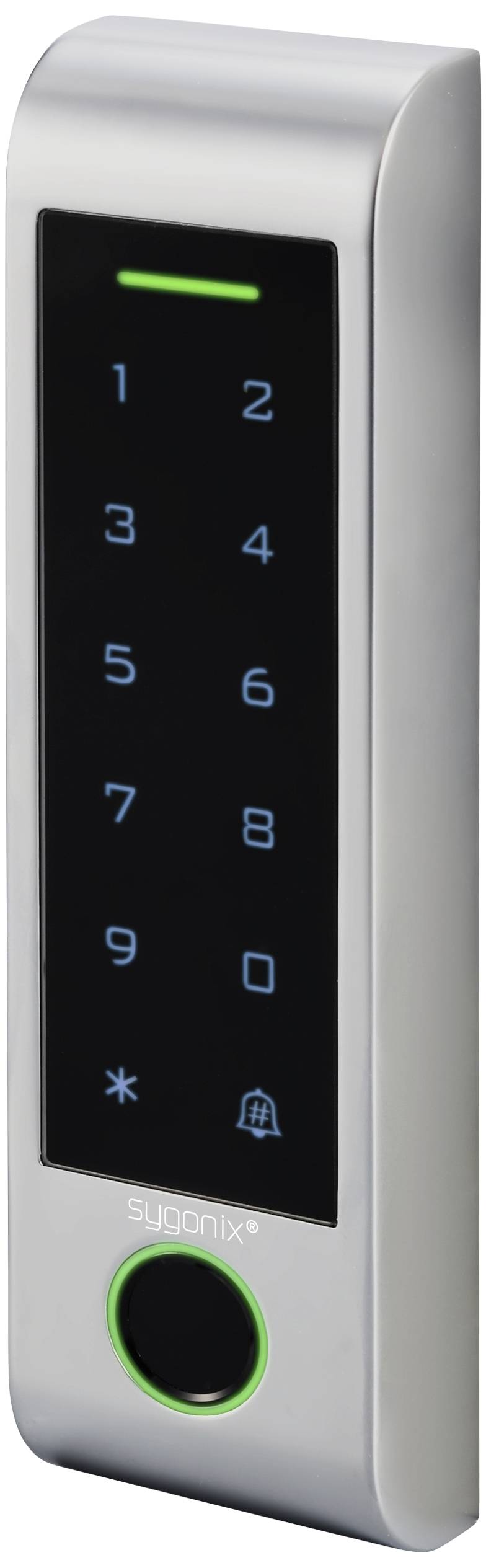 Serrure électronique avec clavier numérique 0-9, touche étoile, symbole de sonnette et lecteur d'empreintes digitales. Marque 'sygonix'.