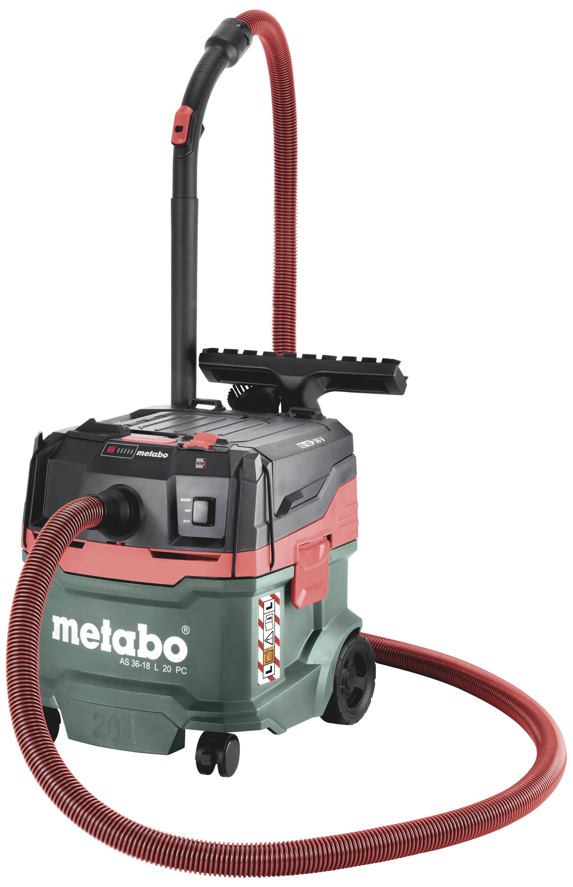 Aspirateur industriel Metabo avec tuyau rouge et boîtier vert et noir, adapté aux chantiers ou aux ateliers.