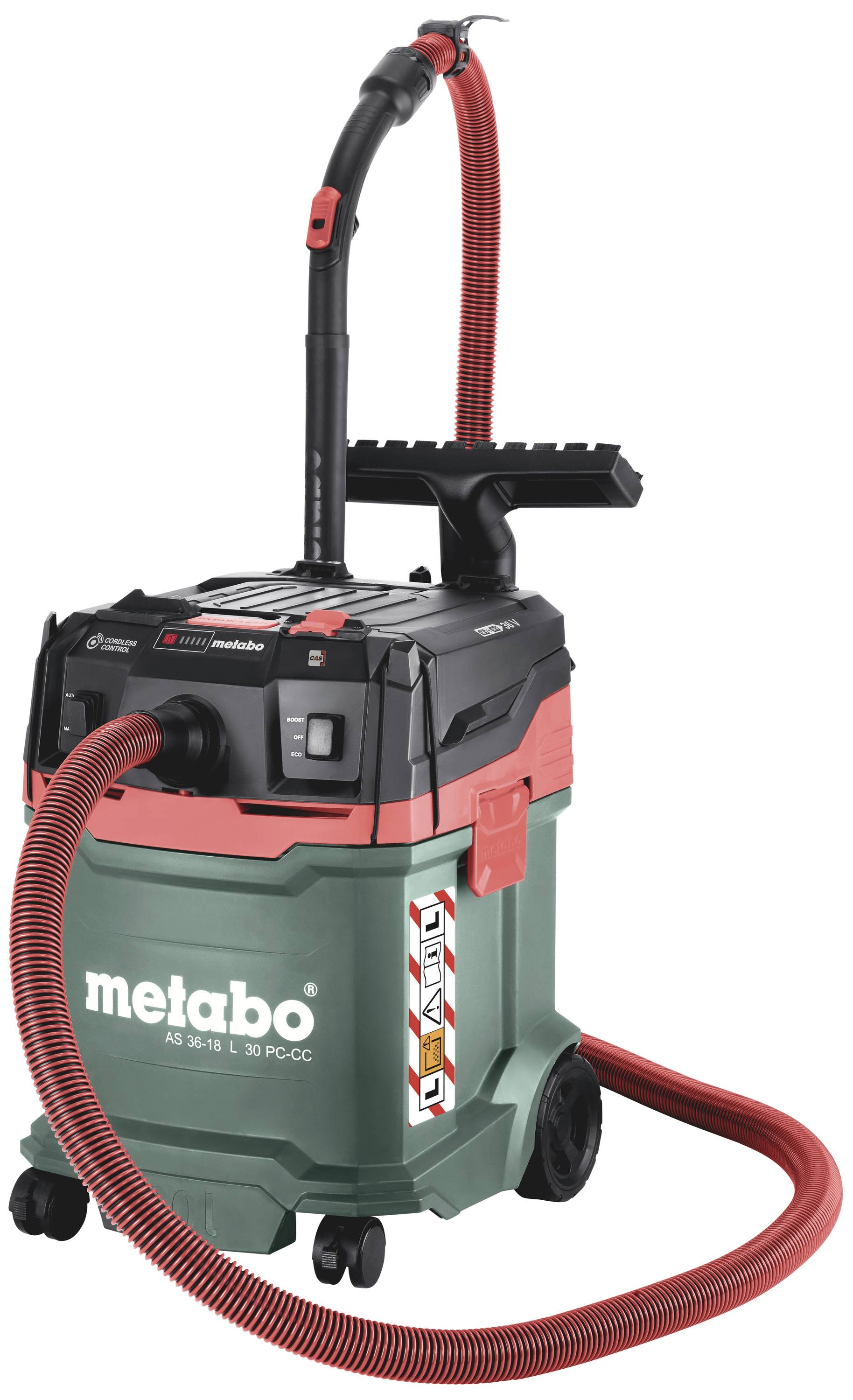 Aspirateur industriel en vert et noir avec des touches rouges, grandes roues et long tuyau. Nom de marque 'Metabo' sur le réservoir.