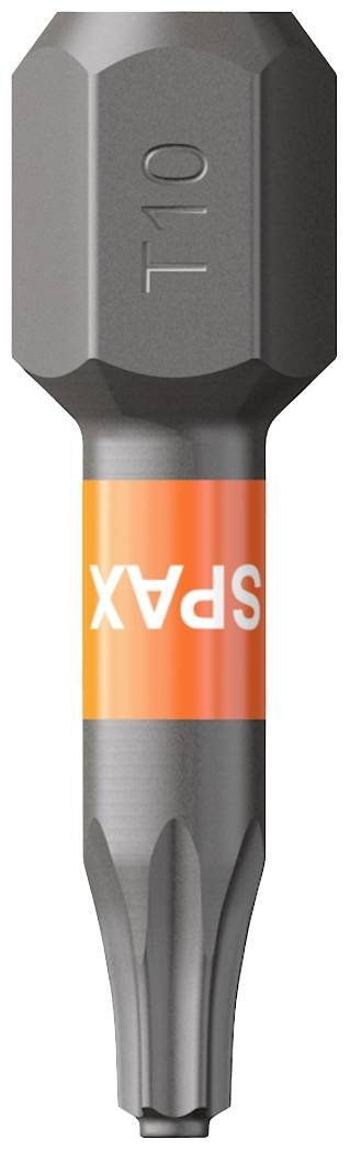 Sur l'image, on peut voir un embout de tournevis Torx de taille T10, avec un marquage SPAX orange sur le côté.