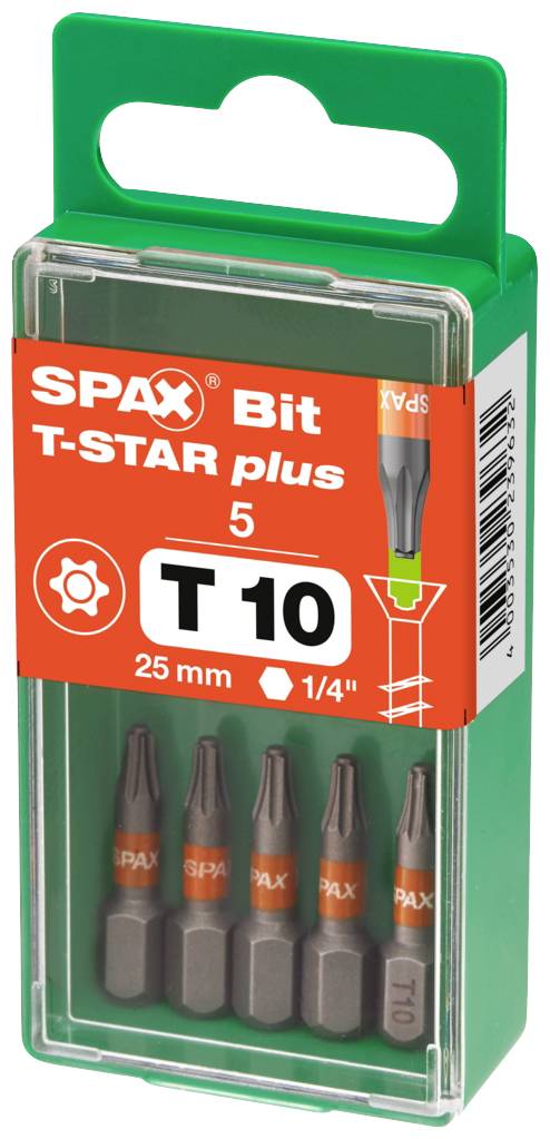 Embout SPAX T-STAR plus T10, lot de 5 pièces, longueur 25 mm, 1/4 pouce. Emballage contenant cinq embouts, adaptés aux tournevis avec tête T10.