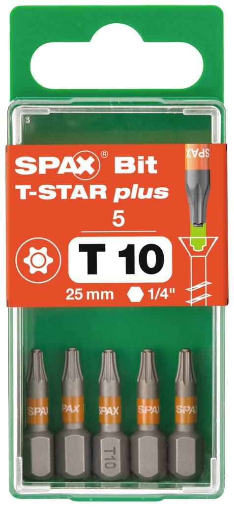 Ensemble de 5 embouts SPAX T-STAR plus, taille T10, longueur 25 mm, entraînement 1/4 de pouce, dans un boîtier en plastique vert.