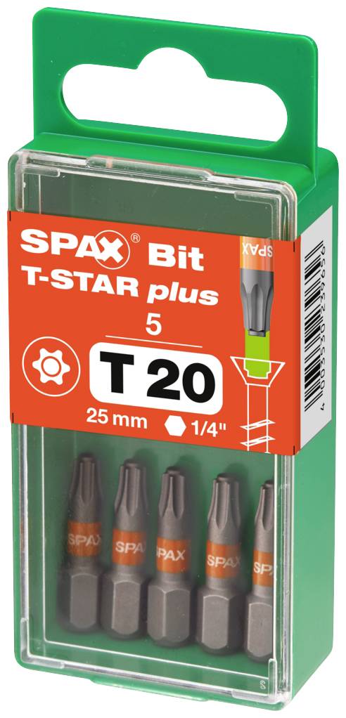 Un lot de cinq embouts SPAX T-STAR plus, taille T20, longs de 25 mm. L'emballage est équipé d'une fenêtre transparente et d'un accroche-produit vert.
