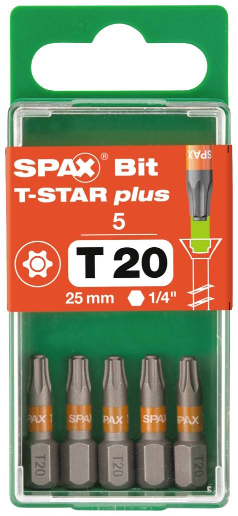 Cinq embouts SPAX T-STAR plus de 25 mm, taille T20, dans un emballage en plastique vert.