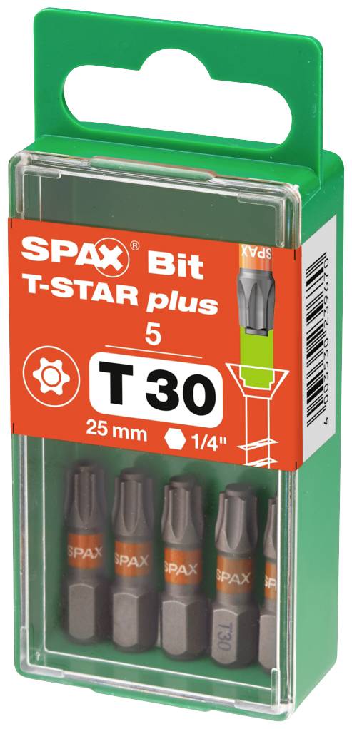 Une boîte en plastique vert contenant cinq embouts SPAX T-STAR plus, de 25 mm, T30. L'emballage présente la taille et la forme des embouts sur une étiquette orange.